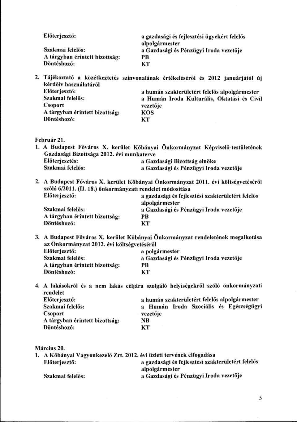 vezetője KOS Február 21. l. A Budapest Főváros X. kerület Kőbányai Önkormányzat Képviselő-testületének Gazdasági Bizottsága 2012. évi munkaterve Előterjesztés: a Gazdasági Bizottság elnöke 2.