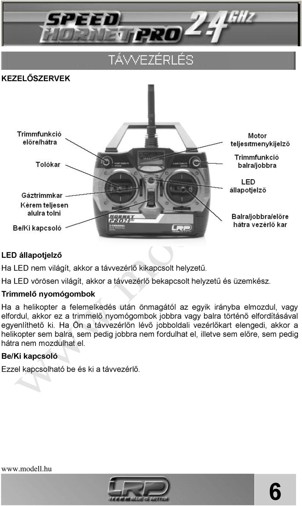 Trimmelő nyomógombok Ha a helikopter a felemelkedés után önmagától az egyik irányba elmozdul, vagy elfordul, akkor ez a trimmelő nyomógombok jobbra