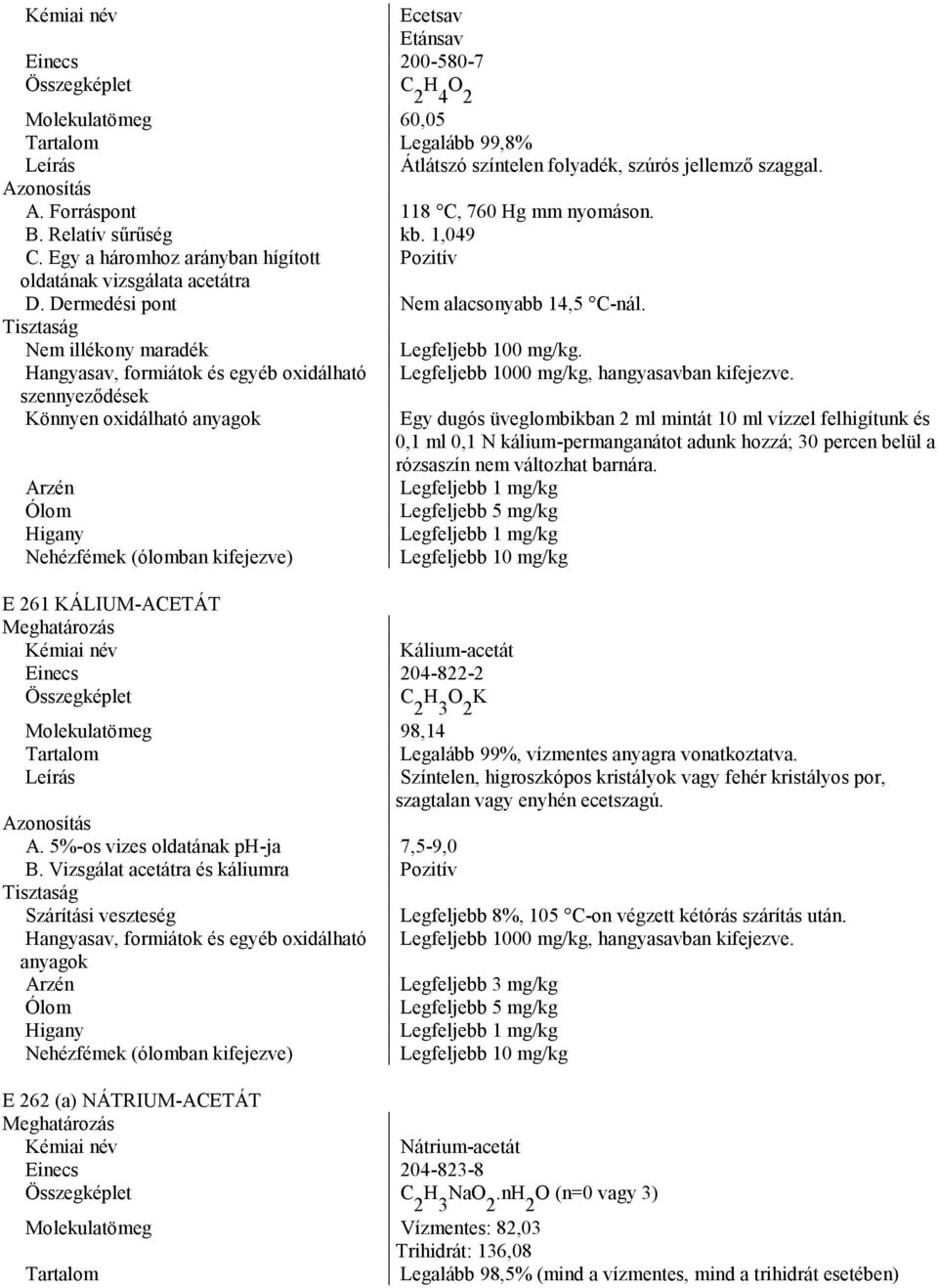 Hangyasav, formiátok és egyéb oxidálható Legfeljebb 1000 mg/kg, hangyasavban kifejezve.