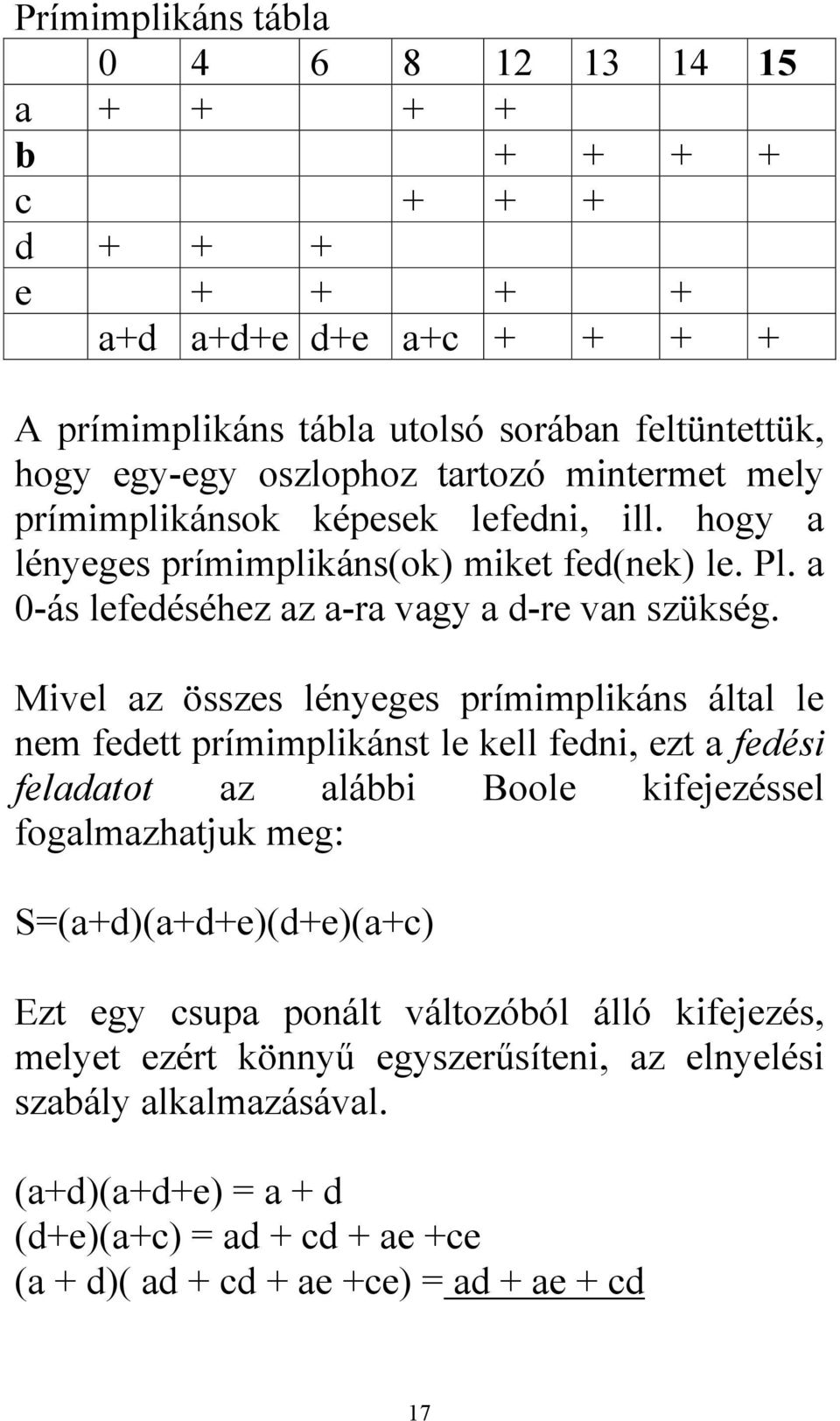 Mivel z összes lényeges prímimplikáns áltl le nem feett prímimplikánst le kell feni, ezt feési feltot z lái oole kifejezéssel foglmzhtjuk meg: