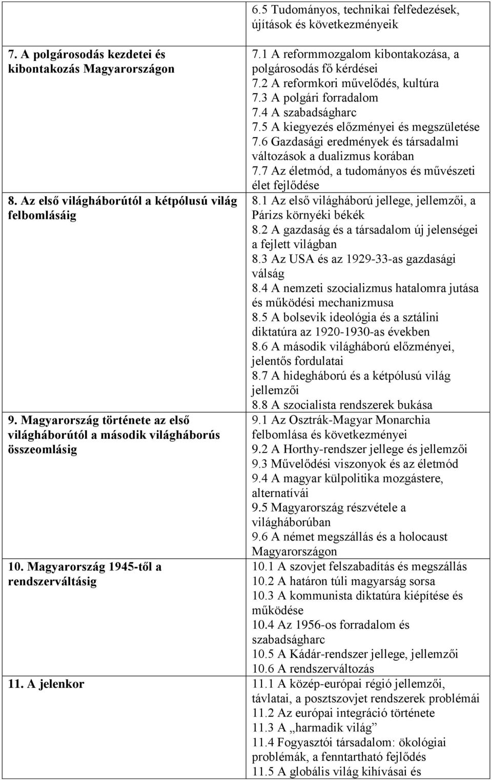 1 A reformmozgalom kibontakozása, a polgárosodás fő kérdései 7.2 A reformkori művelődés, kultúra 7.3 A polgári forradalom 7.4 A szabadságharc 7.5 A kiegyezés előzményei és megszületése 7.