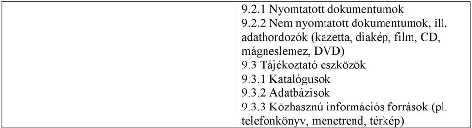 3 Tájékoztató eszközök 9.3.1 Katalógusok 9.3.2 Adatbázisok 9.3.3 Közhasznú információs források (pl.