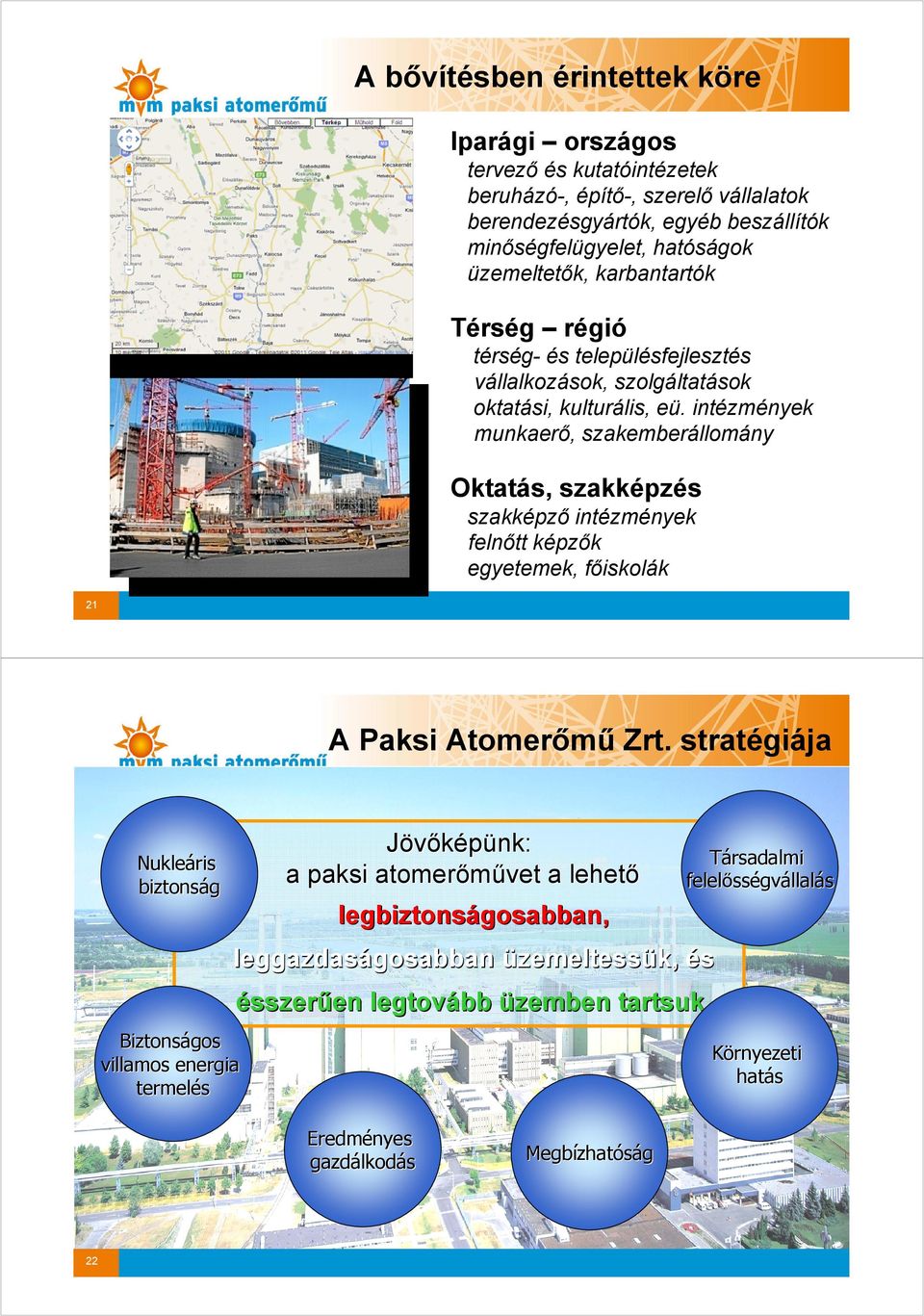 intézmények munkaerő, szakemberállomány Oktatás, szakképzés szakképző intézmények felnőtt képzők egyetemek, főiskolák 21 A Paksi Atomerőmű Zrt.