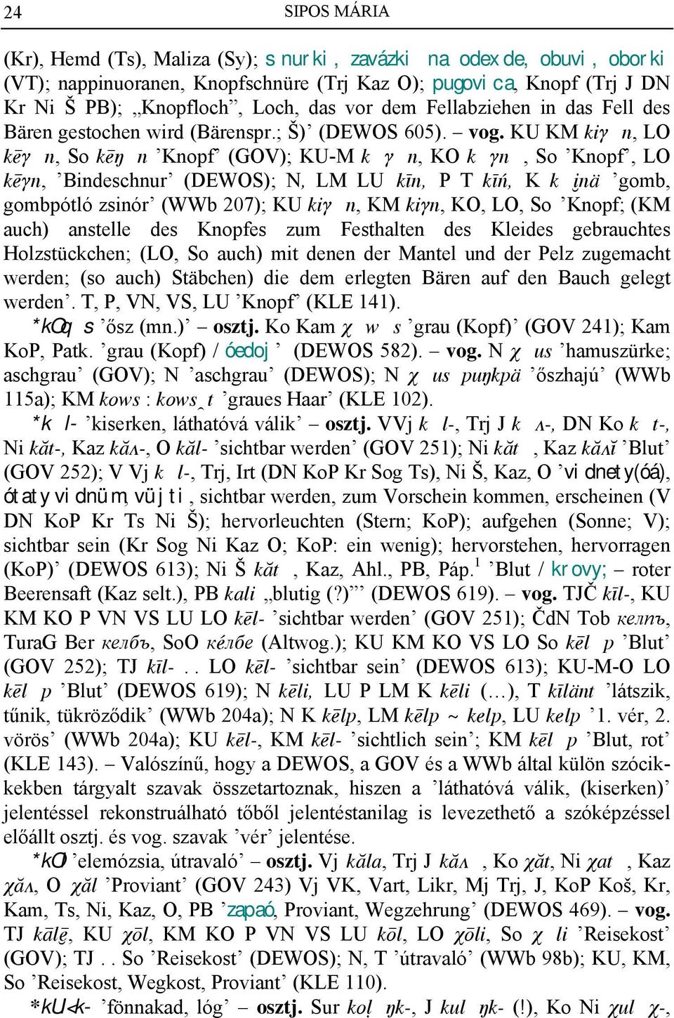 KU KM kiqn, LO keqn, So ke n Knopf (GOV); KU-M kqn, KO kqn, So Knopf, LO keqn, Bindeschnur (DEWOS); N, LM LU kin, P T kin, K künä gomb, gombpótló zsinór (WWb 207); KU kiqn, KM kiqn, KO, LO, So Knopf;