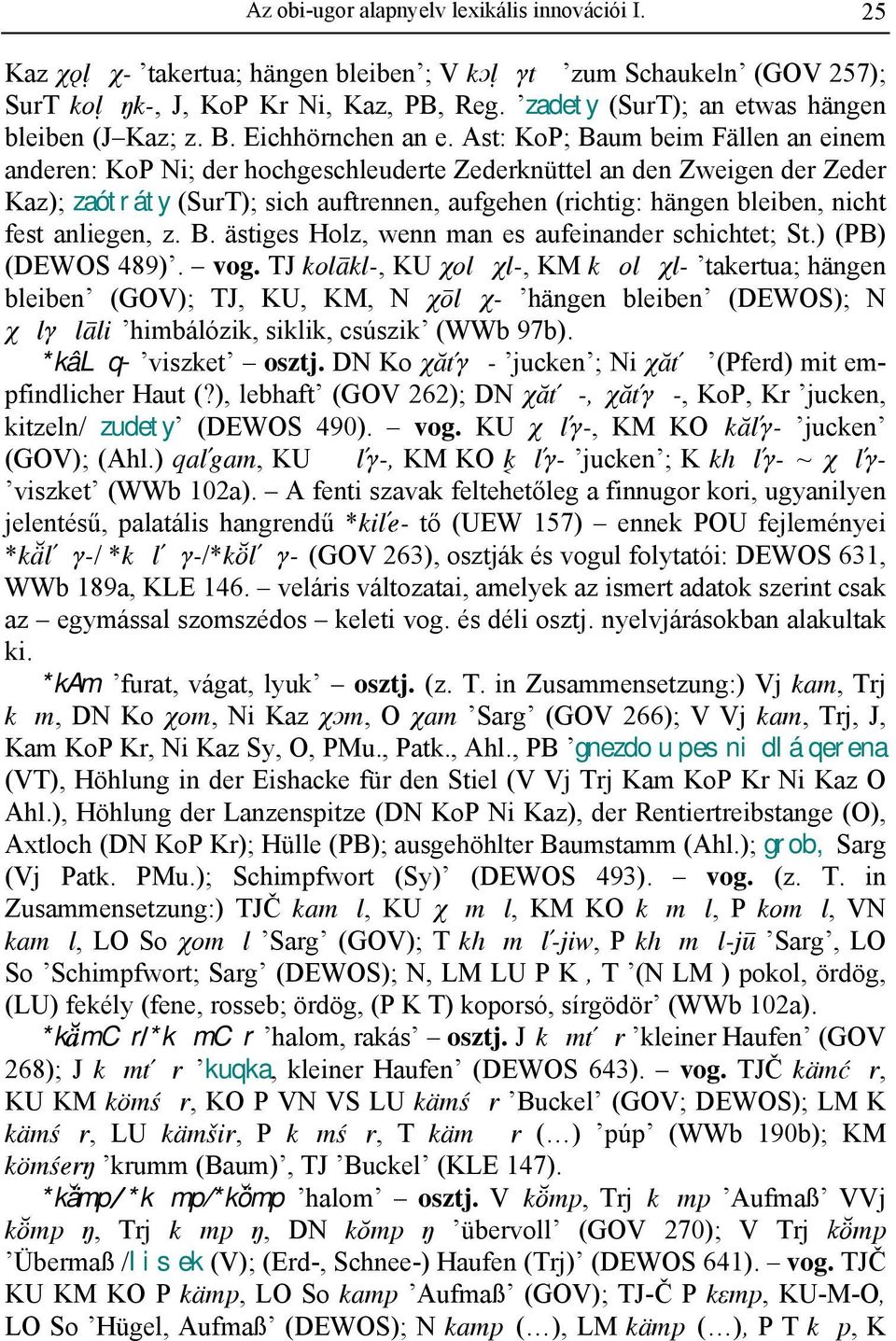 Ast: KoP; Baum beim Fällen an einem anderen: KoP Ni; der hochgeschleuderte Zederknüttel an den Zweigen der Zeder Kaz); zaótráty (SurT); sich auftrennen, aufgehen (richtig: hängen bleiben, nicht fest
