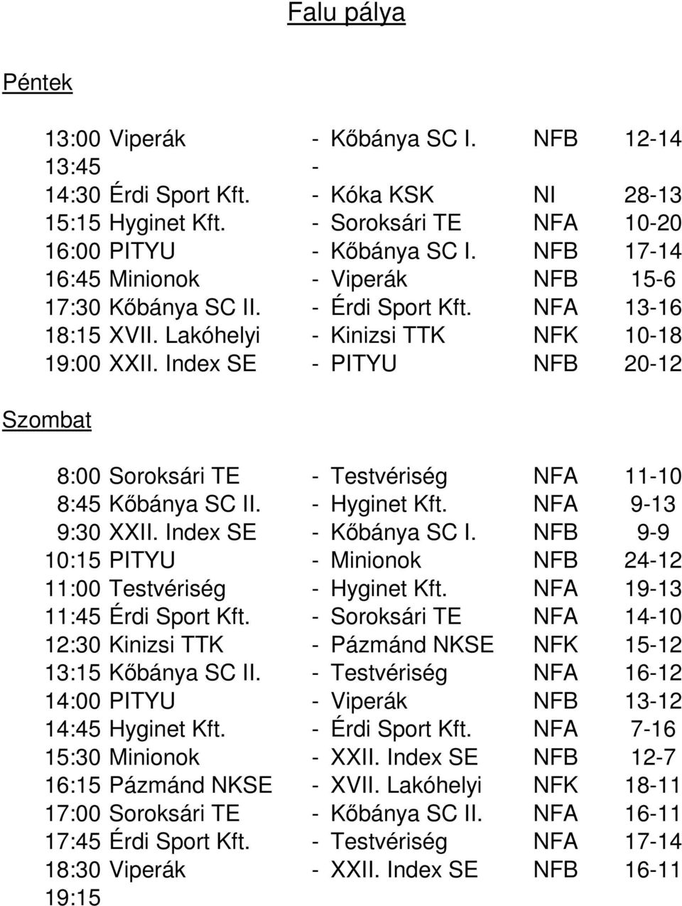 Idx SE - PITYU NFB 20-12 Sba 8:00 Srkri TE - Tvri NFA 11-10 8:45 Kbya SC II. - Hyi Kf. NFA 9-13 9:30 XXII. Idx SE - Kbya SC I. NFB 9-9 10:15 PITYU - Miik NFB 24-12 11:00 Tvri - Hyi Kf.