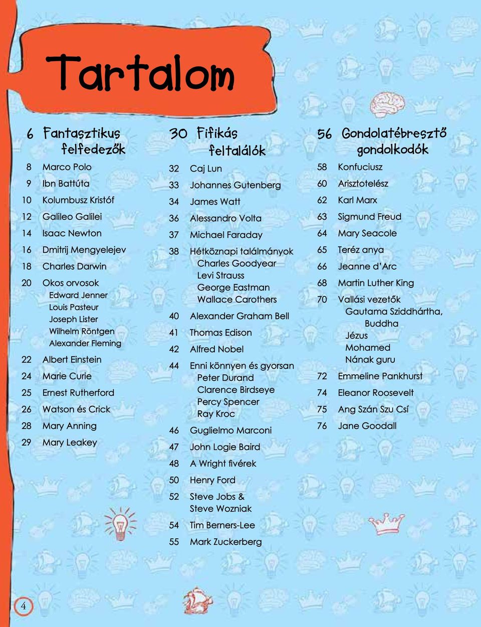Johannes Gutenberg 34 James Watt 36 Alessandro Volta 37 Michael Faraday 38 Hétköznapi találmányok Charles Goodyear Levi Strauss George Eastman Wallace Carothers 40 Alexander Graham Bell 41 Thomas