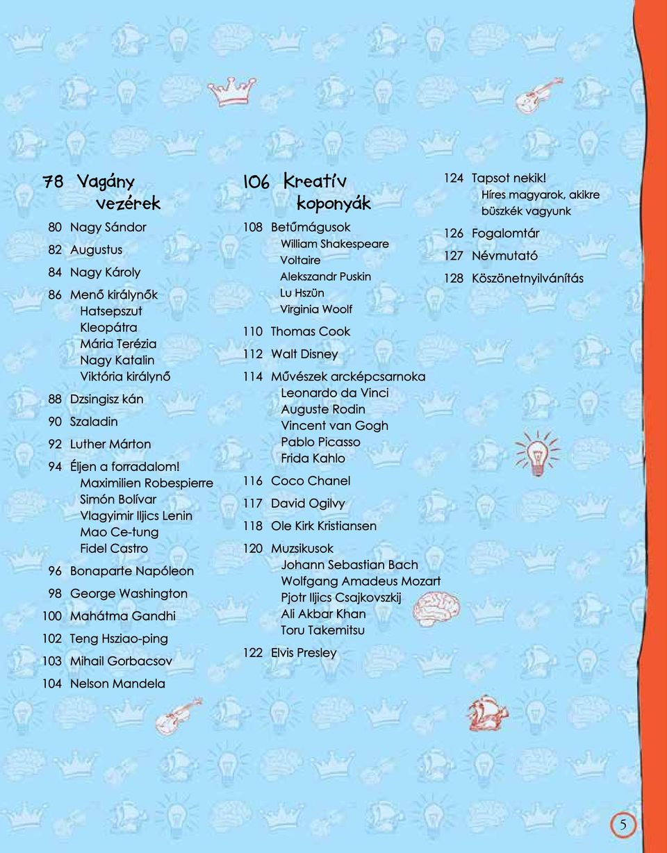 Maximilien Robespierre Simón Bolívar Vlagyimir Iljics Lenin Mao Ce-tung Fidel Castro 96 Bonaparte Napóleon 98 George Washington 100 Mahátma Gandhi 102 Teng Hsziao-ping 103 Mihail Gorbacsov 106