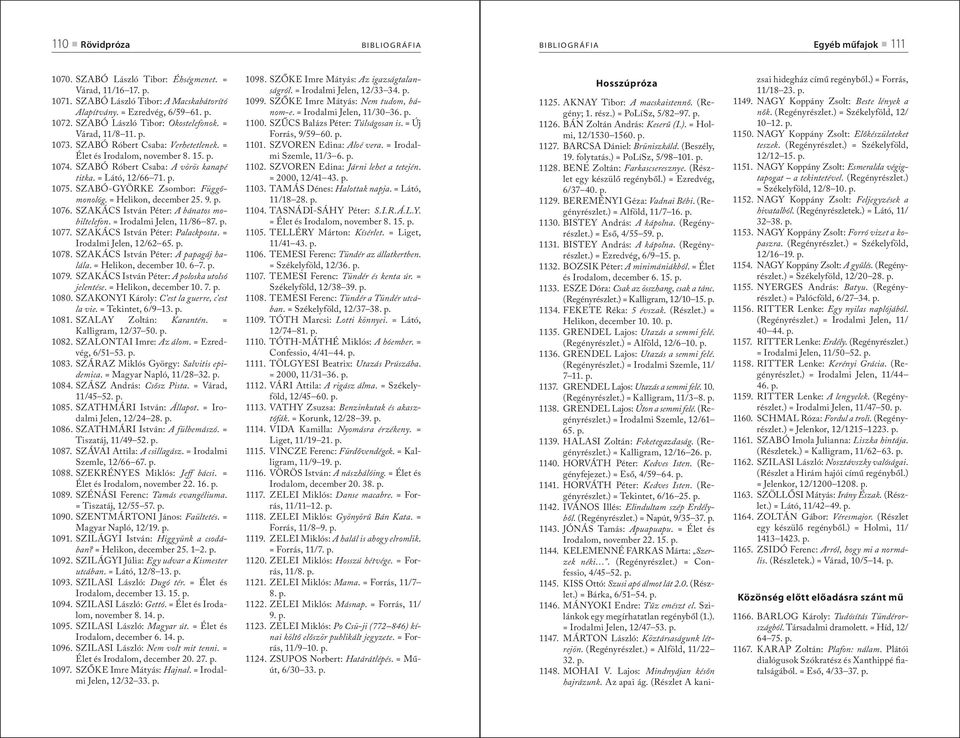 = Látó, 12/66 71. p. 1075. SZABÓ-GYÖRKE Zsombor: Függőmonológ. = Helikon, december 25. 9. p. 1076. SZAKÁCS István Péter: A bánatos mobiltelefon. = Irodalmi Jelen, 11/86 87. p. 1077.