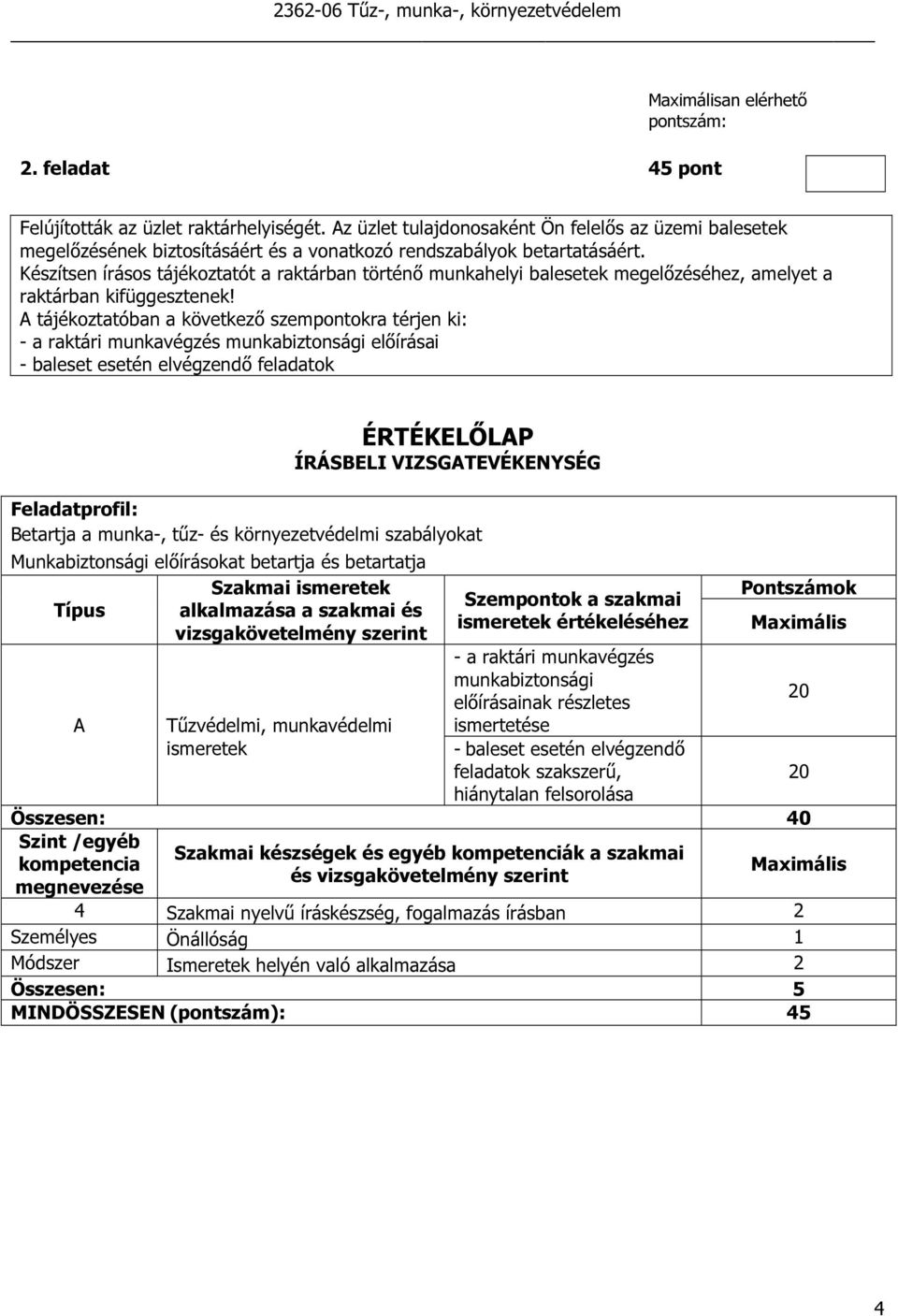 tájékoztatóban a következő szempontokra térjen ki: - a raktári munkavégzés munkabiztonsági előírásai - baleset esetén elvégzendő feladatok ÉRTÉKELŐLP ÍRÁSBELI VIZSGTEVÉKENYSÉG Munkabiztonsági