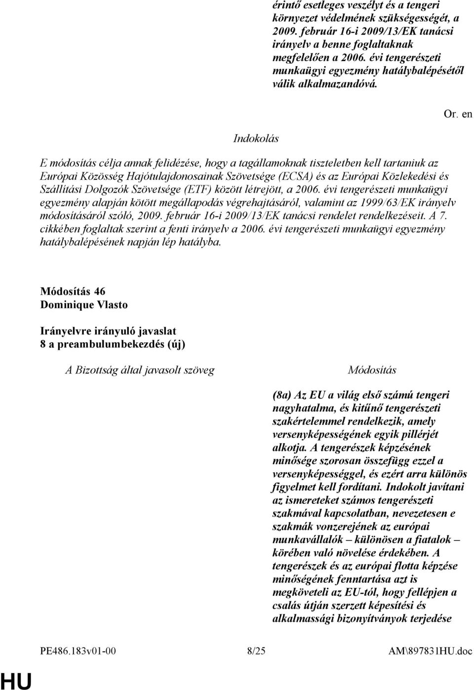 E módosítás célja annak felidézése, hogy a tagállamoknak tiszteletben kell tartaniuk az Európai Közösség Hajótulajdonosainak Szövetsége (ECSA) és az Európai Közlekedési és Szállítási Dolgozók