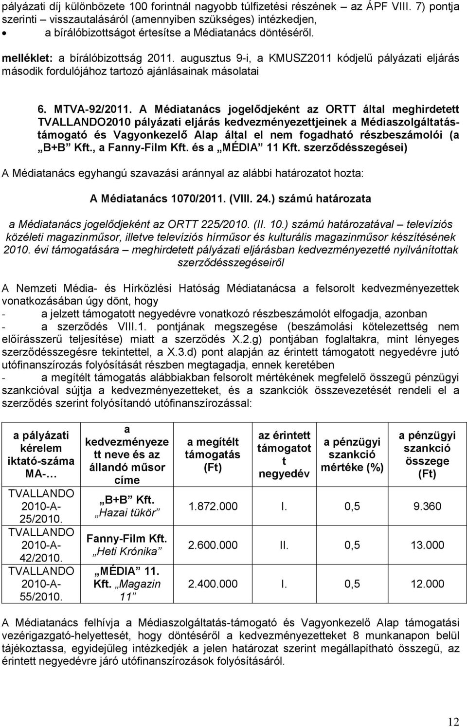 augusztus 9-i, a KMUSZ2011 kódjelű pályázati eljárás második fordulójához tartozó ajánlásainak másolatai 6. MTVA-92/2011.