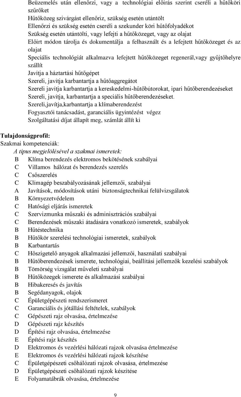 alkalmazva lefejtett hűtőközeget regenerál,vagy gyűjtőhelyre szállít Javítja a háztartási hűtőgépet Szereli, javítja karbantartja a hűtőaggregátot Szereli javítja karbantartja a