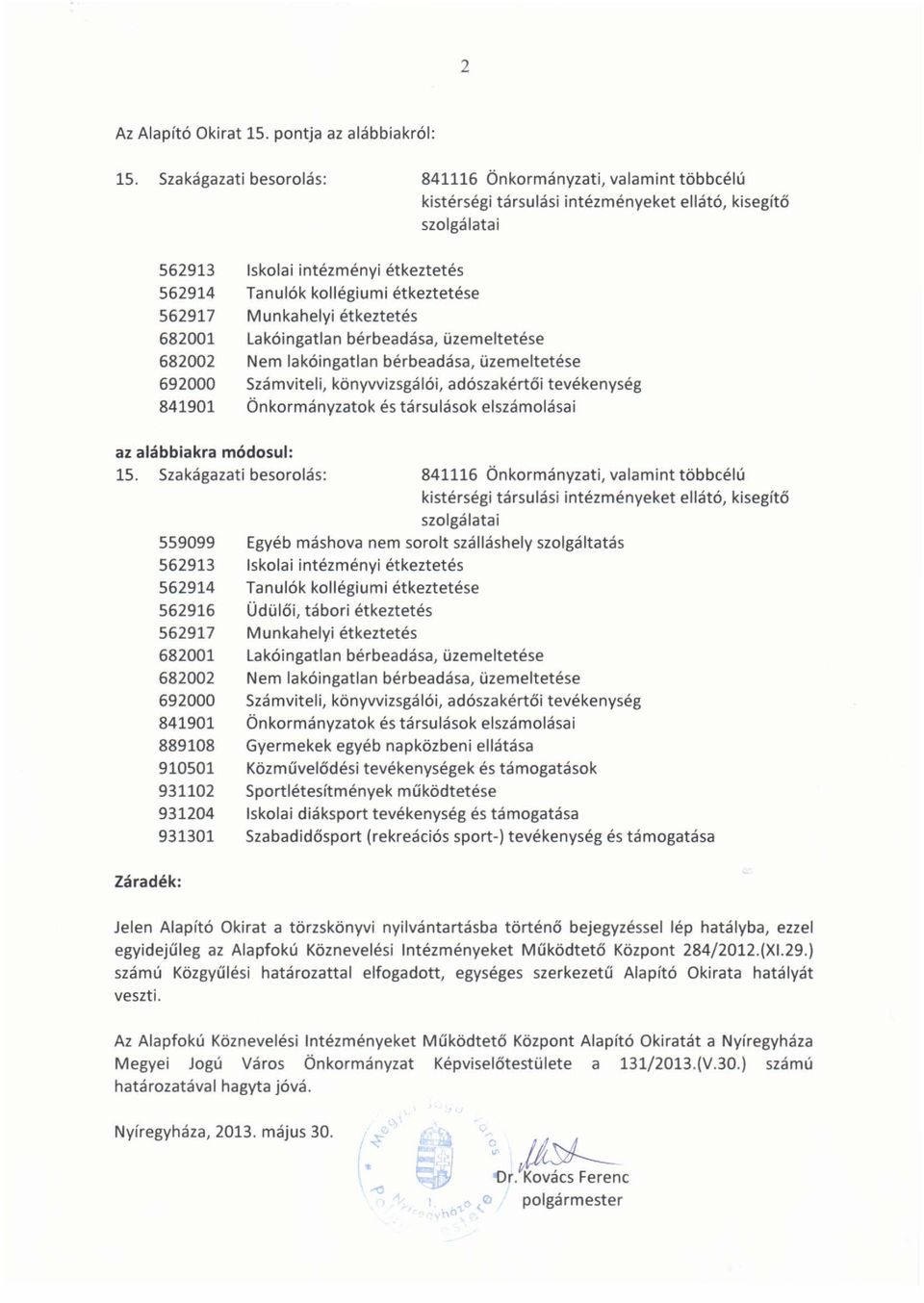 Szakágazati besorolás: 841116 Önkormányzati, valamint többcélú 559099 Egyéb máshova nem sorolt szálláshely szolgáltatás 562916 Üdülői, tábori étkeztetés 682001 Lakóingatlan bérbeadása, üzemeltetése