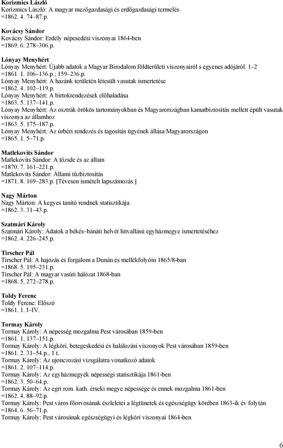 1 2 =1861. 1. 106 136.p.; 159 236.p. Lónyay Menyhért: A hazánk területén létesült vasutak ismertetése =1862. 4. 102 119.p. Lónyay Menyhért: A birtokrendezések előhaladása =1863. 5. 137 141.p. Lónyay Menyhért: Az osztrák örökös tartományokban és Magyarországban kamatbiztosítás mellett épült vasutak viszonya az államhoz =1863.