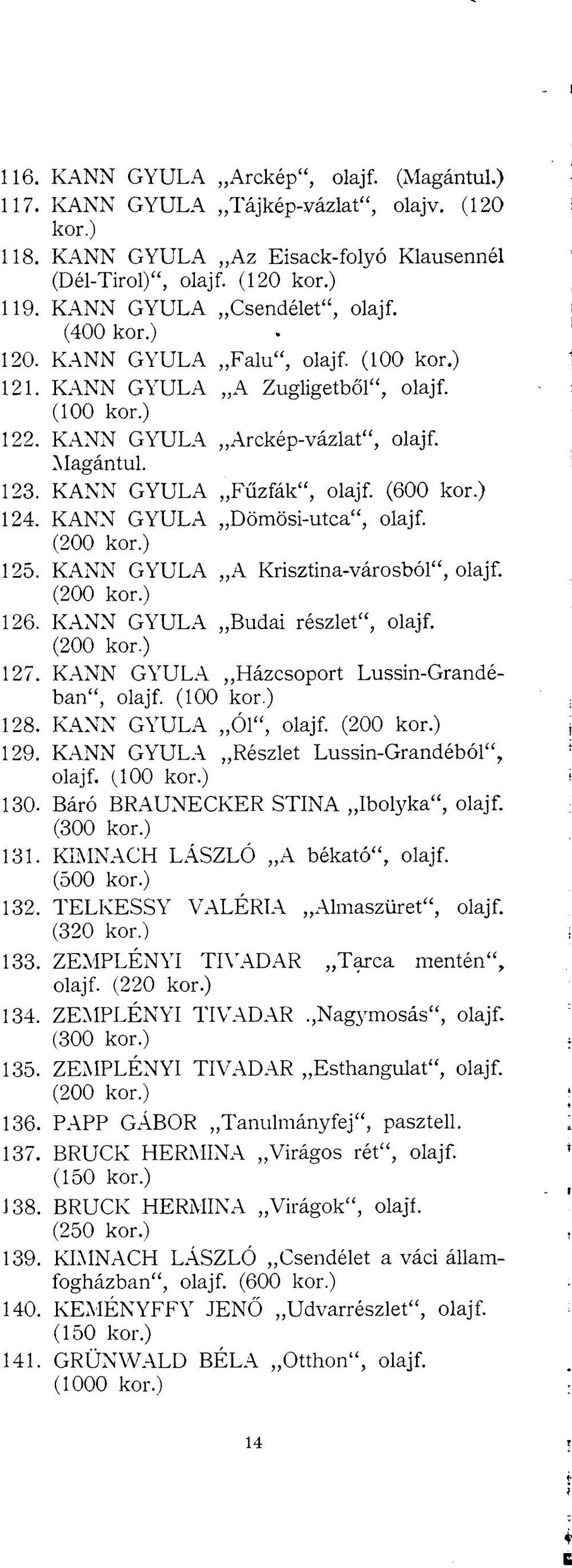 KANN GYULA Fűzfák", olajf. (600 kor.) 124. KANN GYULA Dömösi-utca", olajf. (200 kor.) 125. KANN GYULA A Krisztina-városból", olajf. (200 kor.) 126. KANN GYULA Budai részlet", olajf. (200 kor.) 127.