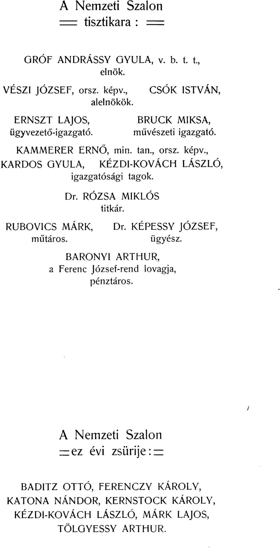 , KARDOS GYULA, KÉZDI-KOVÁCH LÁSZLÓ, igazgatósági tagok. Dr. RÓZSA MIKLÓS titkár. RUBOVICS MÁRK, műtáros. Dr. KÉPESSY JÓZSEF, ügyész.