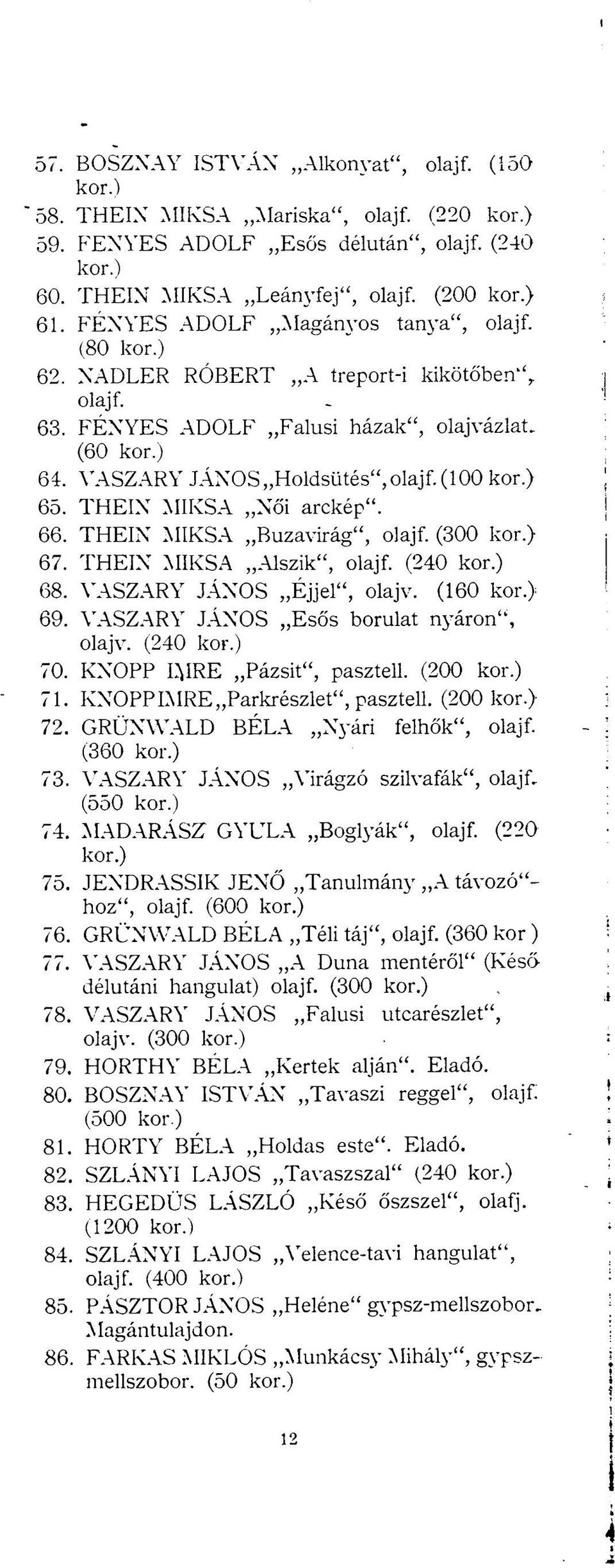 ) 65. THEIN MIKSA Női arckép". 66. THEIN MIKSA Búzavirág", olajf. (300 kor.) 67. THEIN MIKSA Alszik", olajf. (240 kor.) 68. VASZARY JÁNOS Éjjel", olajv. (160 kor.) 69.