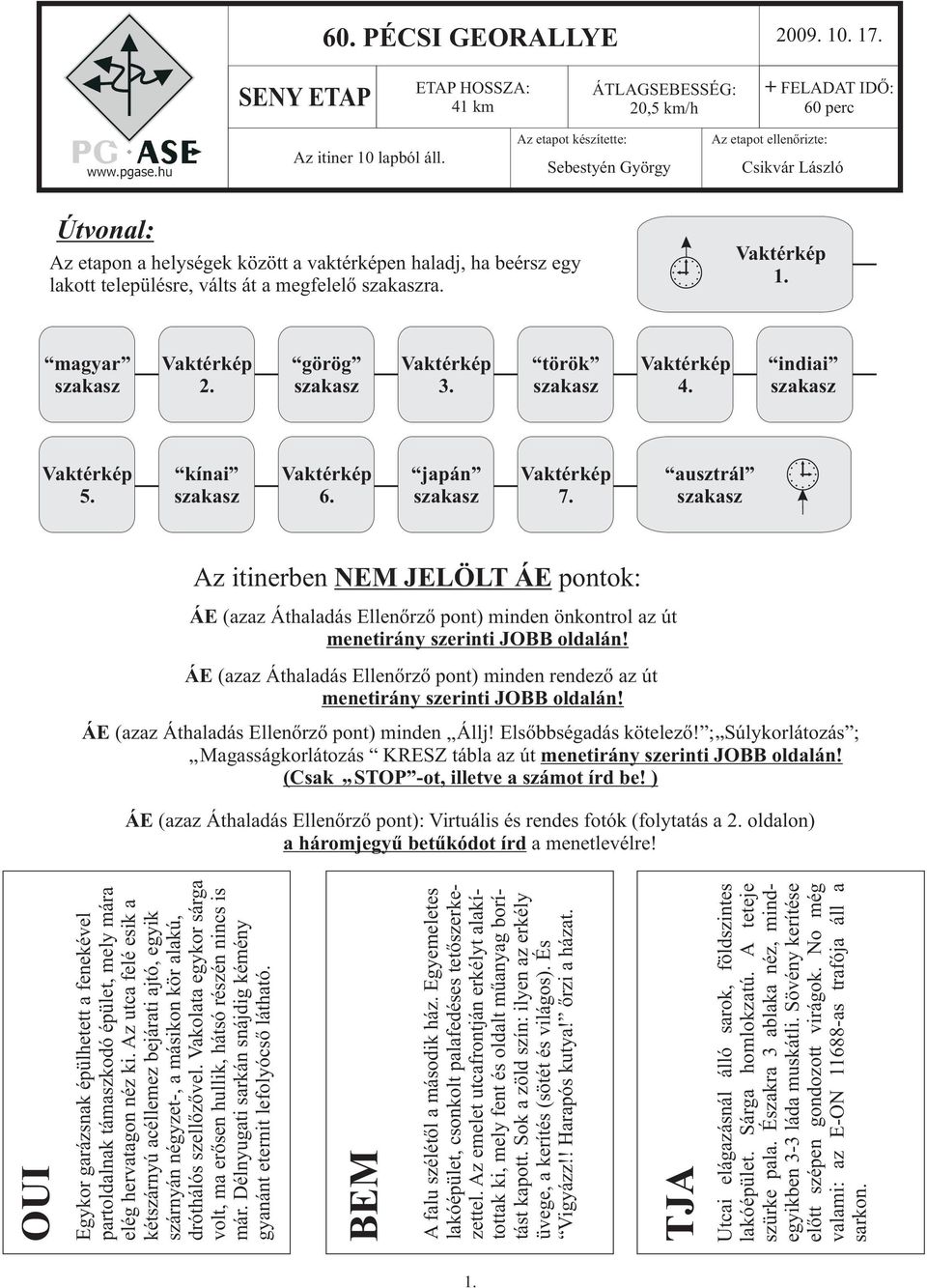 . magyar 2. görög 3. török 4. indiai 5. kínai 6. japán 7. ausztrál Az itinerben NEM JELÖLT ÁE pontok: ÁE (azaz Áthaladás Ellenõrzõ pont) minden önkontrol az út menetirány szerinti JOBB oldalán!