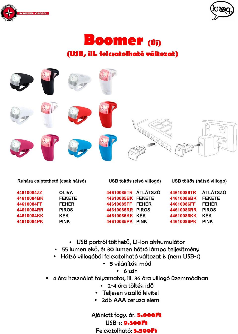 44610085BK 44610085FF 44610085RR 44610085KK 44610085PK USB töltős (hátsó villogó) 44610086TR 44610086BK 44610086FF 44610086RR 44610086KK 44610086PK USB portról tölthető,