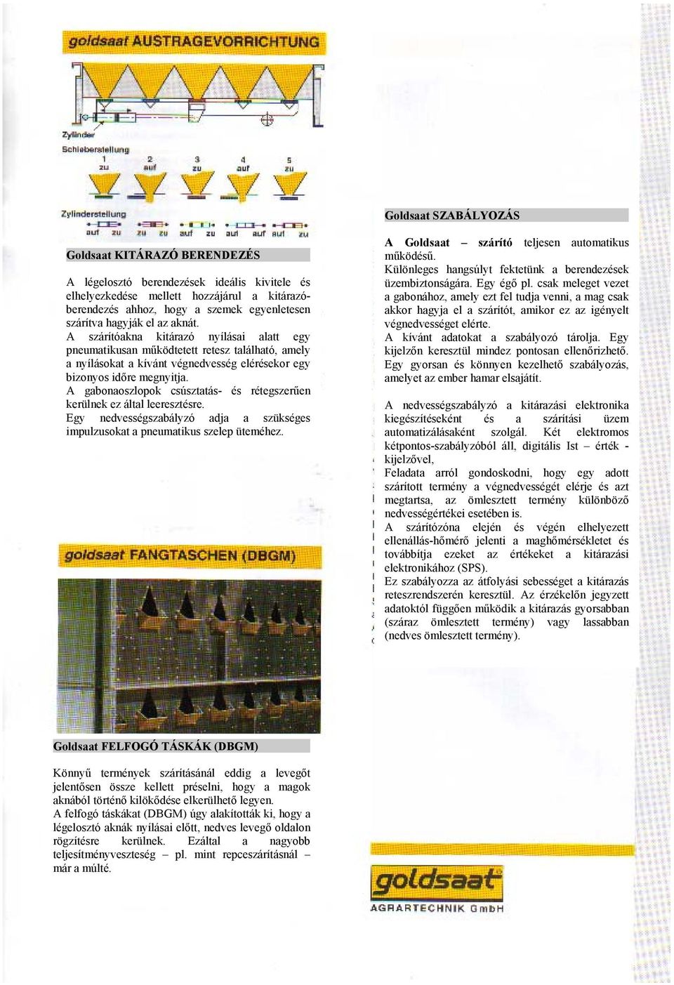 A gabonaoszlopok csúsztatás- és rétegszerűen kerülnek ez által leeresztésre. Egy nedvességszabályzó adja a szükséges impulzusokat a pneumatikus szelep üteméhez.