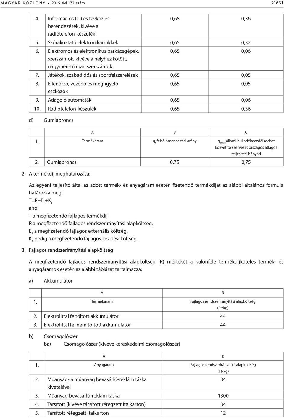 Ellenőrző, vezérlő és megfigyelő eszközök 0,65 0,05 9. dagoló automaták 0,65 0,06 10. Rádiótelefon-készülék 0,65 0,36 d) Gumiabroncs C 1.