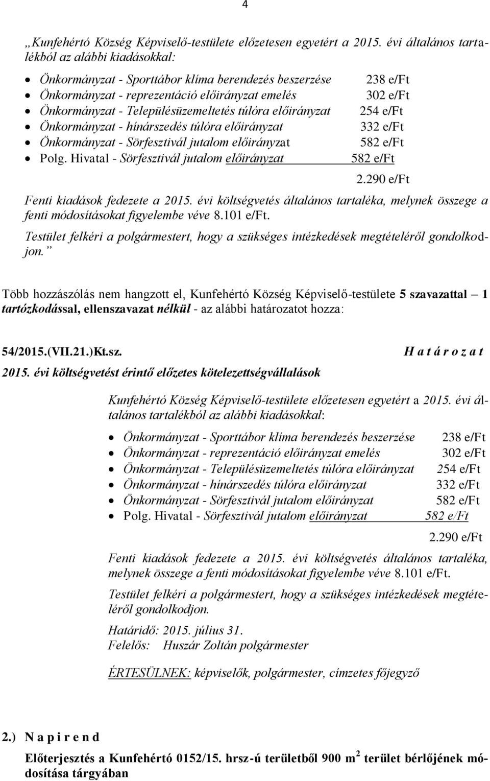 előirányzat Önkormányzat - hínárszedés túlóra előirányzat Önkormányzat - Sörfesztivál jutalom előirányzat Polg. Hivatal - Sörfesztivál jutalom előirányzat 238 e/ft 302 e/ft 254 e/ft 332 e/ft 2.