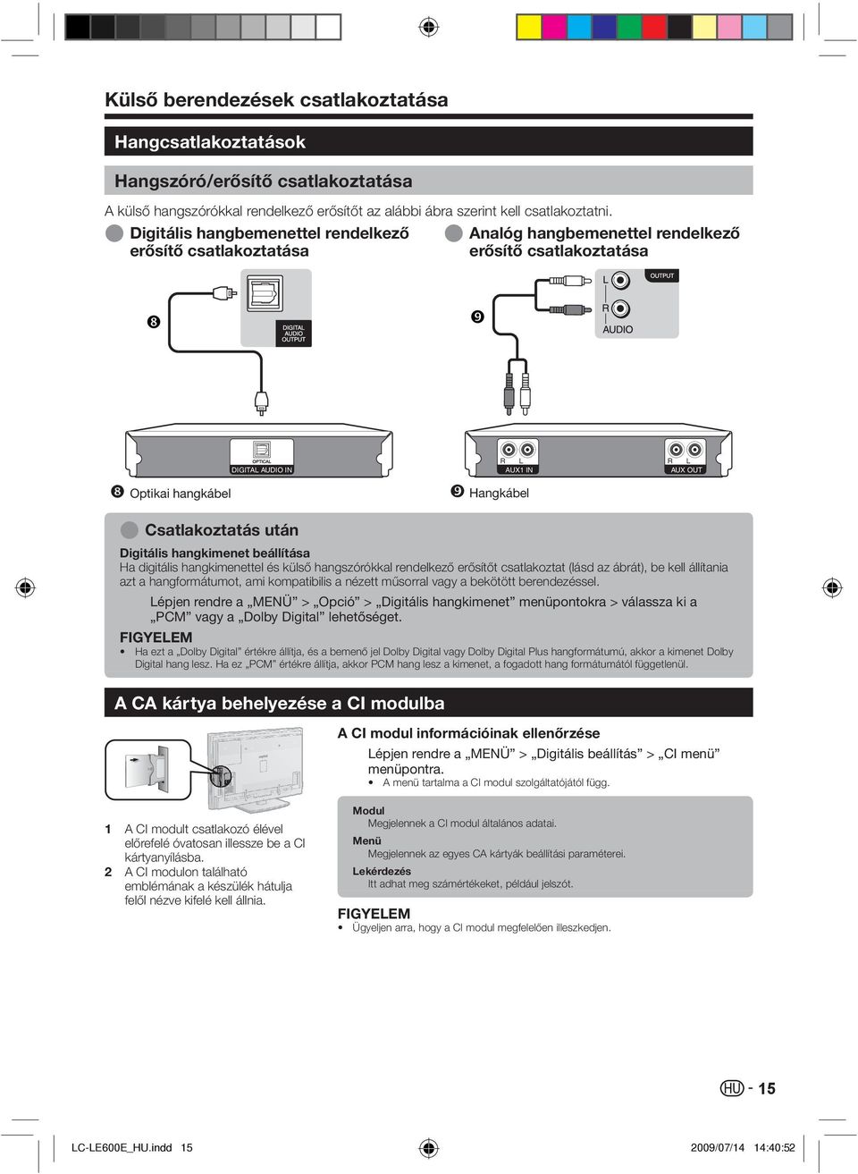 Csatlakoztatás után Digitális hangkimenet beállítása Ha digitális hangkimenettel és külső hangszórókkal rendelkező erősítőt csatlakoztat (lásd az ábrát), be kell állítania azt a hangformátumot, ami