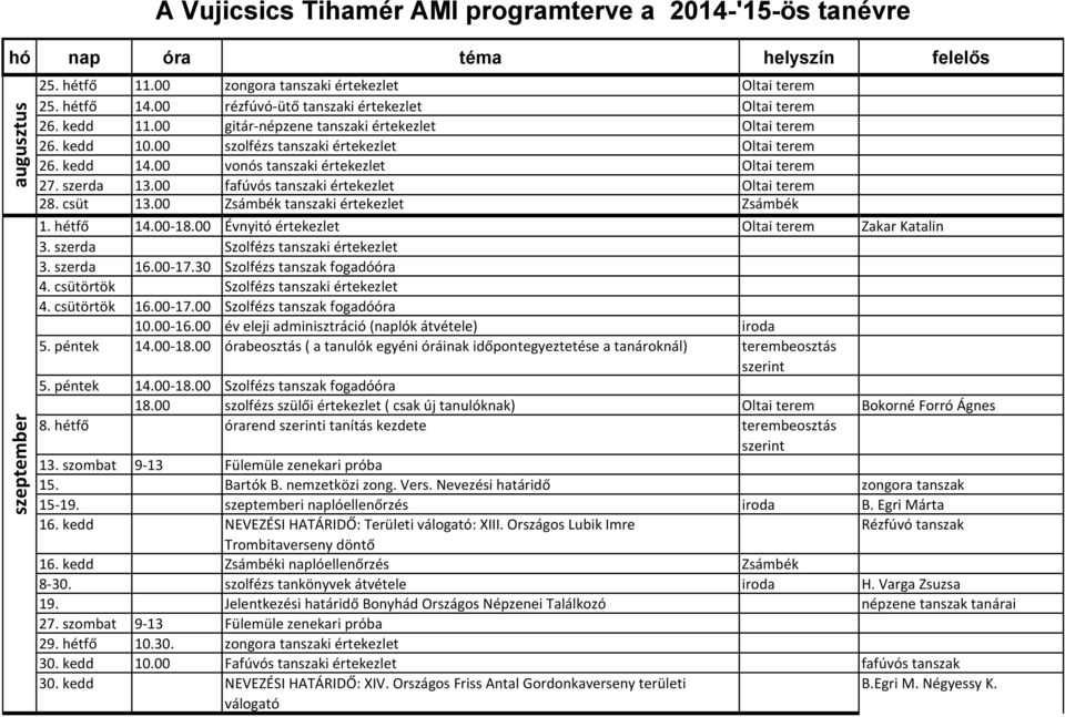 00 vonós tanszaki értekezlet Oltai terem 27. szerda 13.00 fafúvós tanszaki értekezlet Oltai terem 28. csüt 13.00 Zsámbék tanszaki értekezlet Zsámbék 1. hétfő 14.00-18.