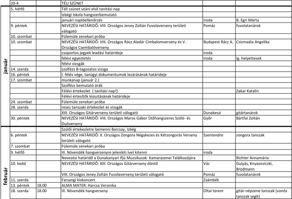 Budapest Rácz A. Csizmadia Angelika Országos Csembalóverseny csoportos jegyek leadási határideje félévi egyeztetés ig. helyettesek félévi vizsgák 14. szerda szolfézs B-tagozatos vizsga 16. péntek I.