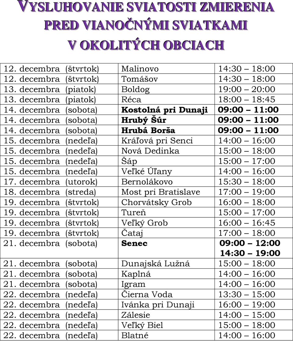 decembra (sobota) Hrubá Borša 09:00 11:00 15. decembra (nedeľa) Kráľová pri Senci 14:00 16:00 15. decembra (nedeľa) Nová Dedinka 15:00 18:00 15. decembra (nedeľa) Šáp 15:00 17:00 15.