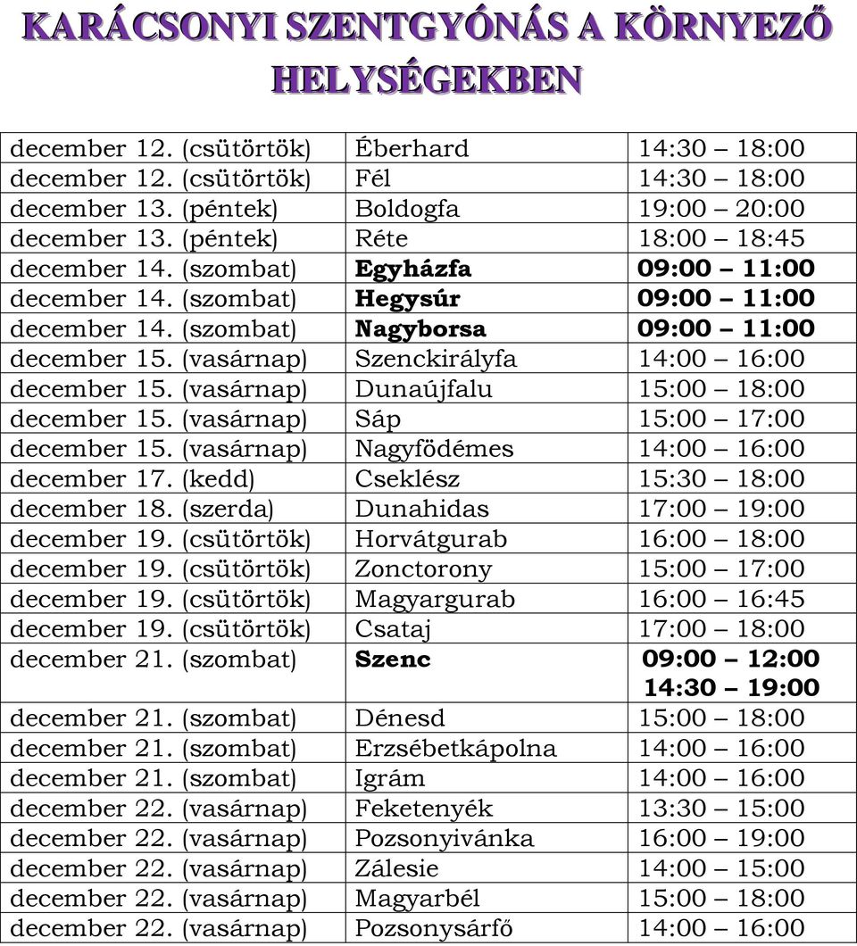 (vasárnap) Szenckirályfa 14:00 16:00 december 15. (vasárnap) Dunaújfalu 15:00 18:00 december 15. (vasárnap) Sáp 15:00 17:00 december 15. (vasárnap) Nagyfödémes 14:00 16:00 december 17.