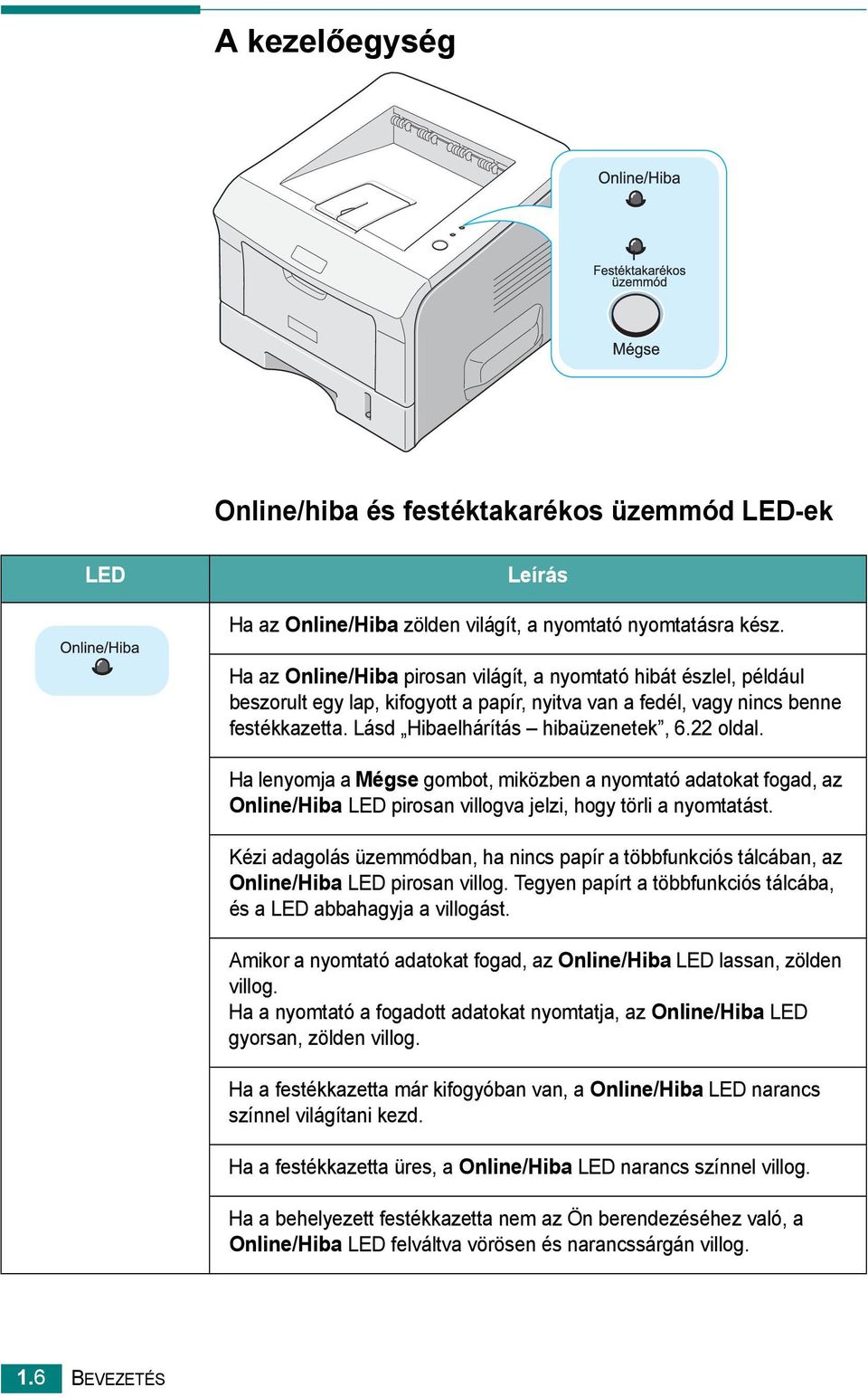 22 oldal. Ha lenyomja a Mégse gombot, miközben a nyomtató adatokat fogad, az Online/Hiba LED pirosan villogva jelzi, hogy törli a nyomtatást.