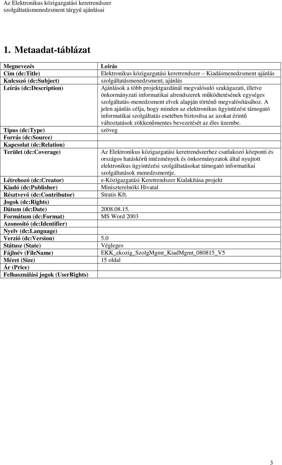 Formátum (dc:format) MS Word 2003 Azonosító (dc:identifier) Nyelv (dc:language) Verzió (dc:version) 5.