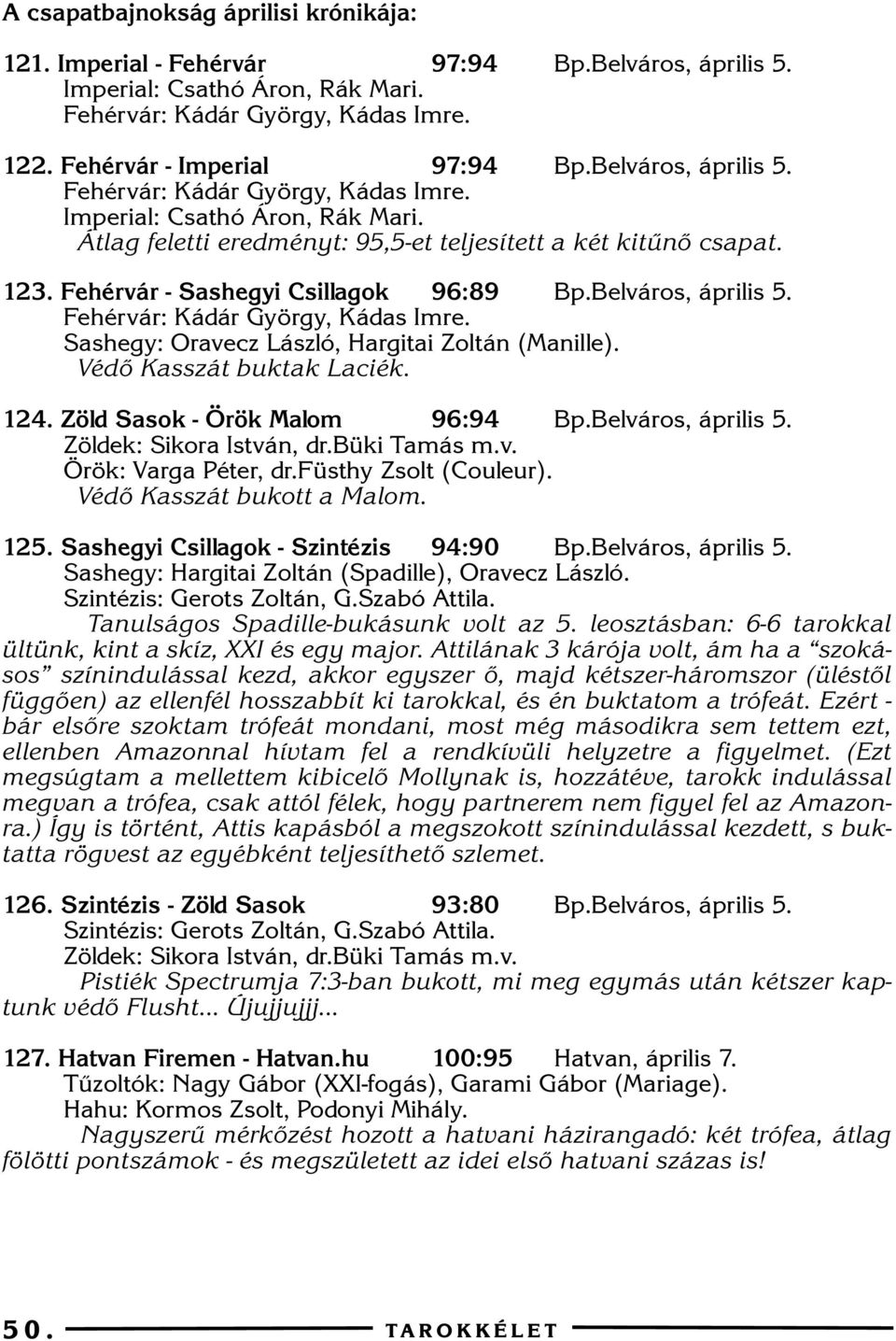 Belváros, április 5. Fehérvár: Kádár György, Kádas Imre. Sashegy: Oravecz László, Hargitai Zoltán (Manille). Védõ Kasszát buktak Laciék. 124. Zöld Sasok - Örök Malom 96:94 Bp.Belváros, április 5. Zöldek: Sikora István, dr.