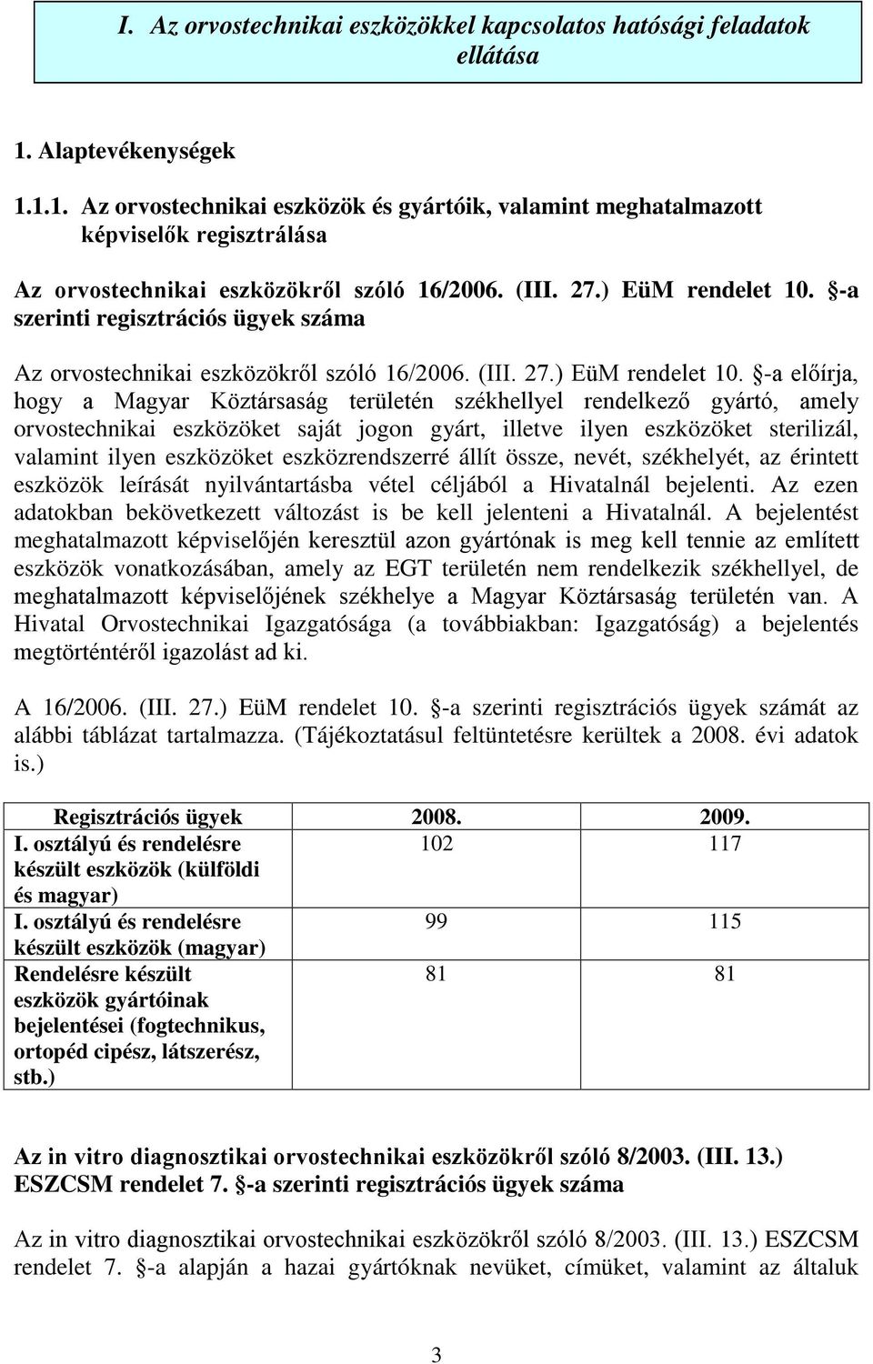 -a szerinti regisztrációs ügyek száma Az orvostechnikai eszközökről szóló 16/2006. (III. 27.) EüM rendelet 10.