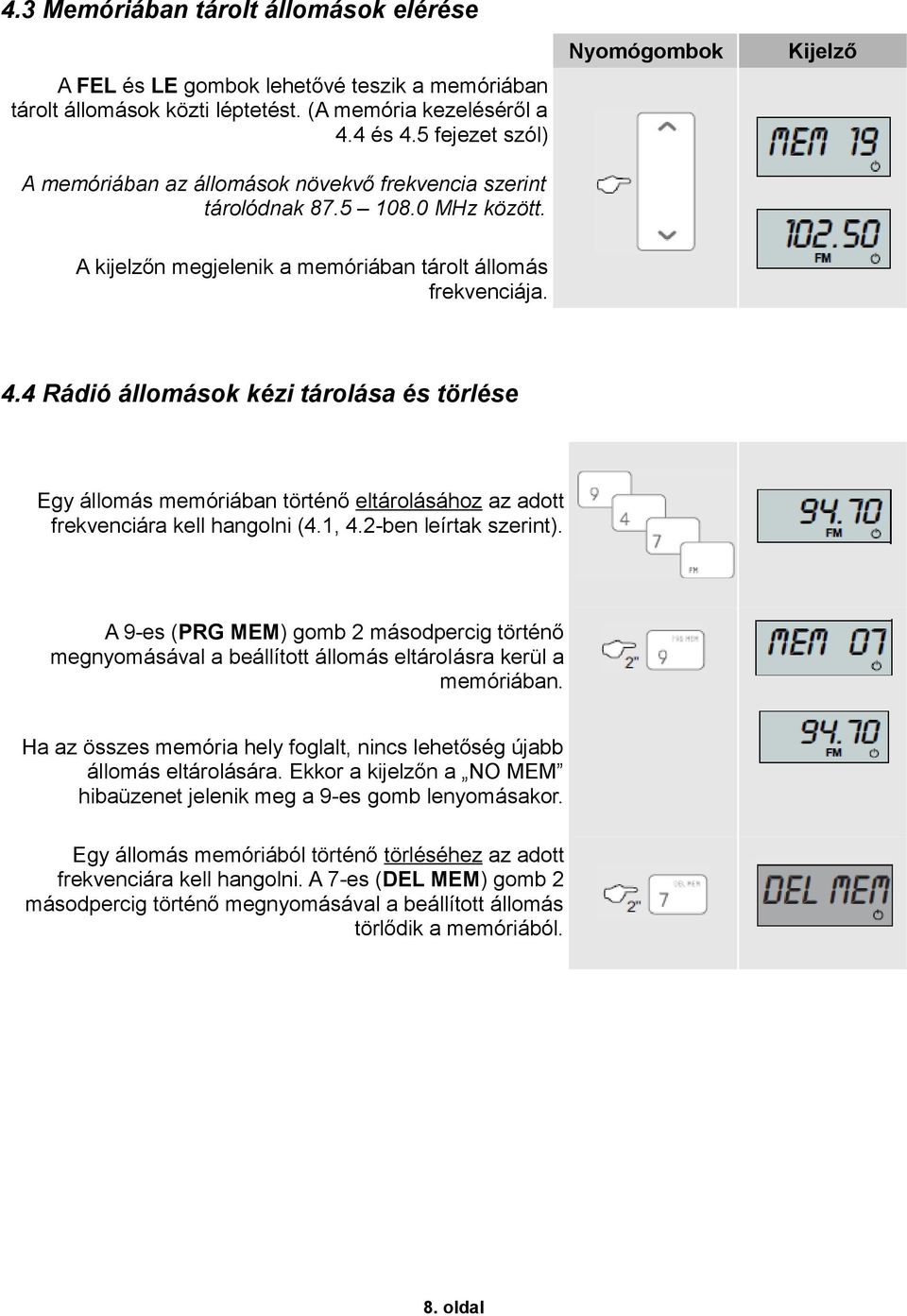 4 Rádió állomások kézi tárolása és törlése Egy állomás memóriában történő eltárolásához az adott frekvenciára kell hangolni (4.1, 4.2-ben leírtak szerint).