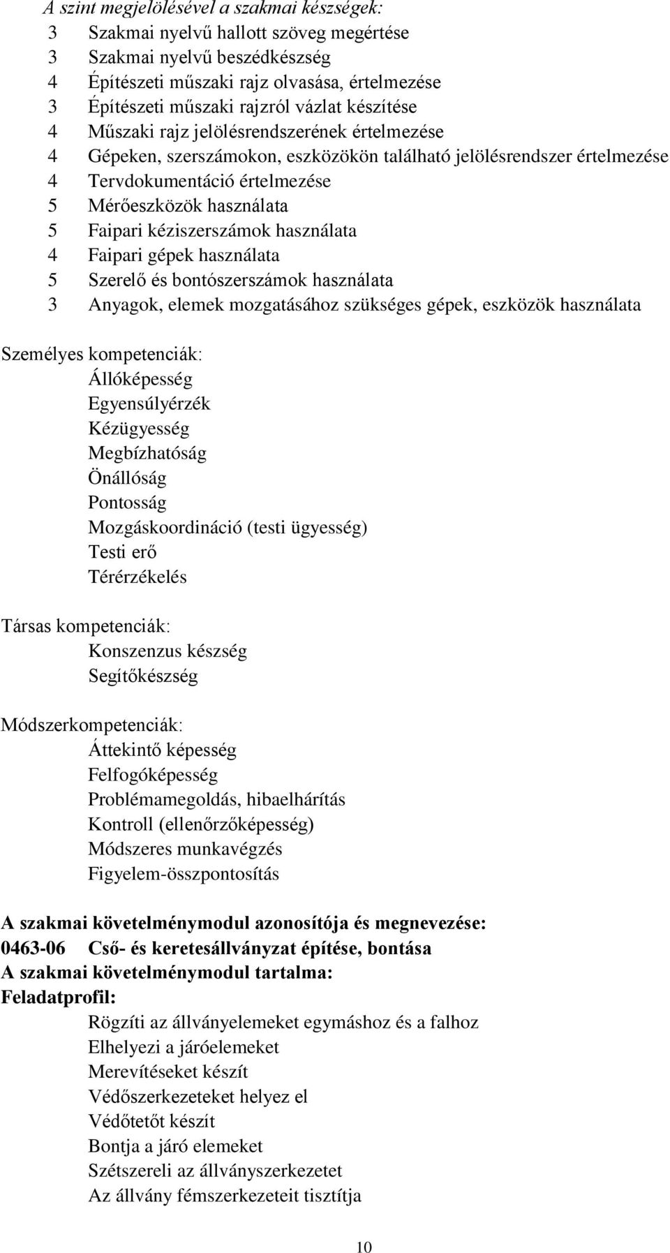 Faipari kéziszerszámok használata 4 Faipari gépek használata 5 Szerelő és bontószerszámok használata 3 Anyagok, elemek mozgatásához szükséges gépek, eszközök használata Személyes kompetenciák: