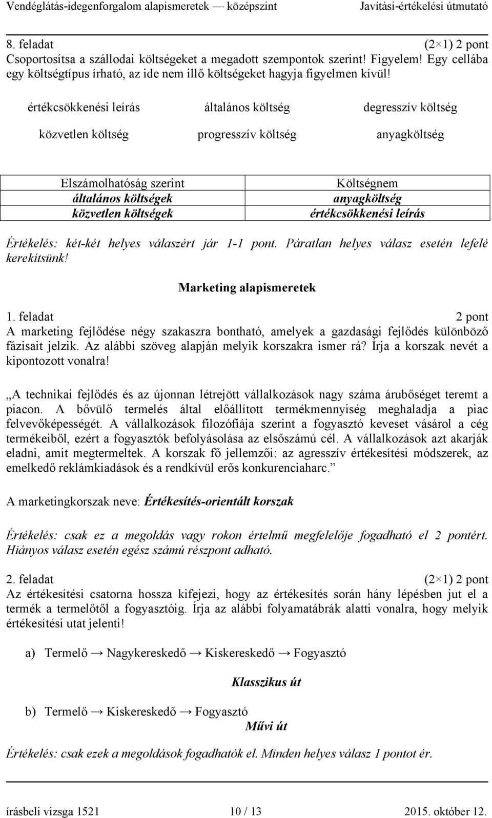 értékcsökkenési leírás Értékelés: két-két helyes válaszért jár 1-1 pont. Páratlan helyes válasz esetén lefelé kerekítsünk! Marketing alapismeretek 1.