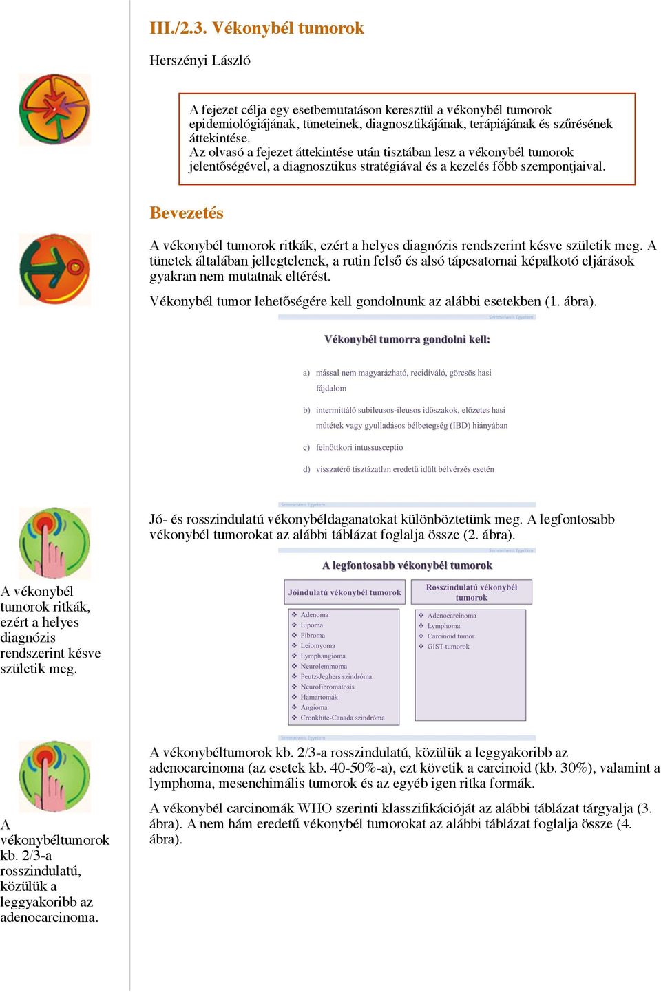 Az olvasó a fejezet áttekintése után tisztában lesz a vékonybél tumorok jelentőségével, a diagnosztikus stratégiával és a kezelés főbb szempontjaival.