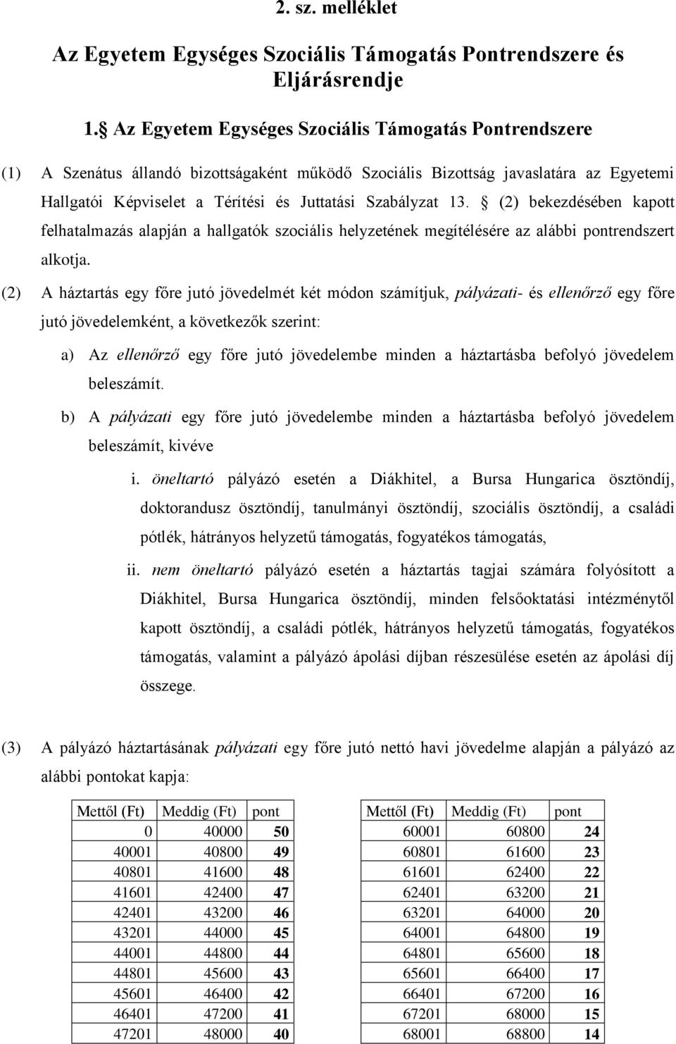 13. (2) bekezdésében kapott felhatalmazás alapján a hallgatók szociális helyzetének megítélésére az alábbi pontrendszert alkotja.