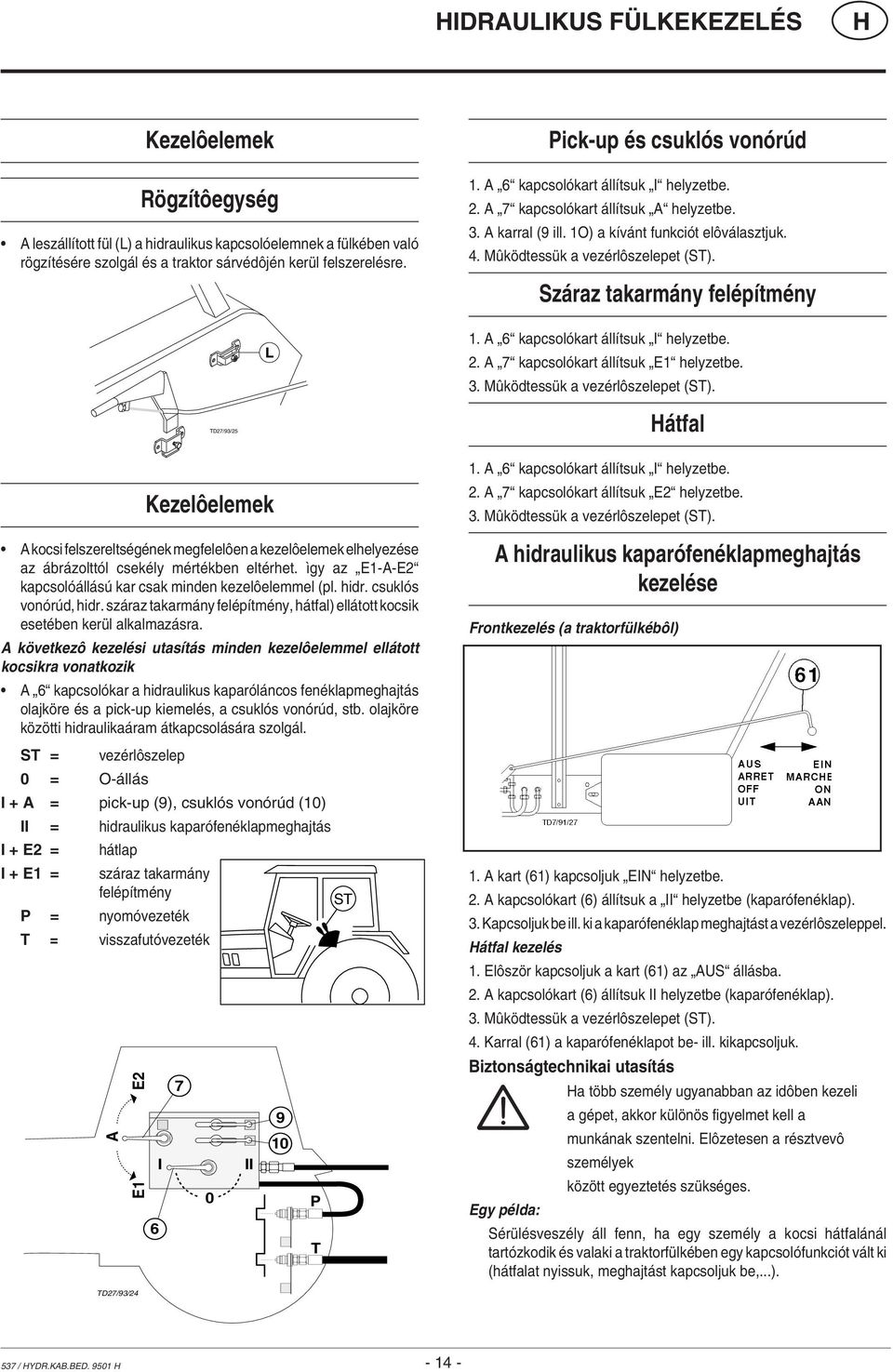 Mûködtessük a vezérlôszelepet (ST). Száraz takarmány felépítmény 1. A 6 kapcsolókart állítsuk I helyzetbe. 2. A 7 kapcsolókart állítsuk E1 helyzetbe. 3. Mûködtessük a vezérlôszelepet (ST).