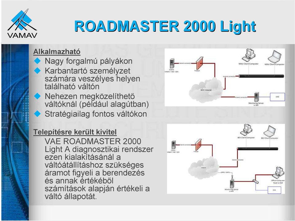Telepítésre került kivitel VAE ROADMASTER 2000 Light A diagnosztikai rendszer ezen kialakításánál a