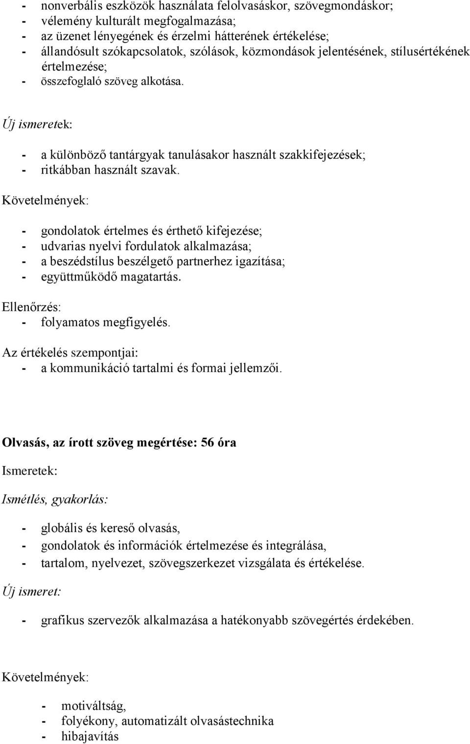 - gondolatok értelmes és érthető kifejezése; - udvarias nyelvi fordulatok alkalmazása; - a beszédstílus beszélgető partnerhez igazítása; - együttműködő magatartás. - folyamatos megfigyelés.