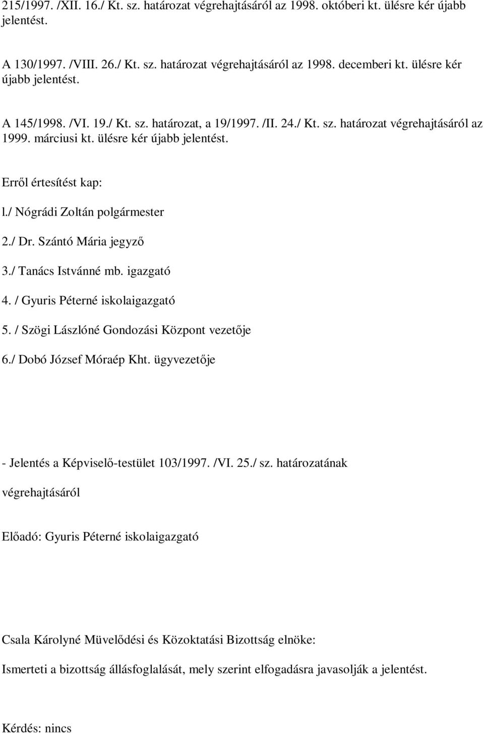 / Nógrádi Zoltán polgármester 2./ Dr. Szántó Mária jegyző 3./ Tanács Istvánné mb. igazgató 4. / Gyuris Péterné iskolaigazgató 5. / Szögi Lászlóné Gondozási Központ vezetője 6./ Dobó József Móraép Kht.