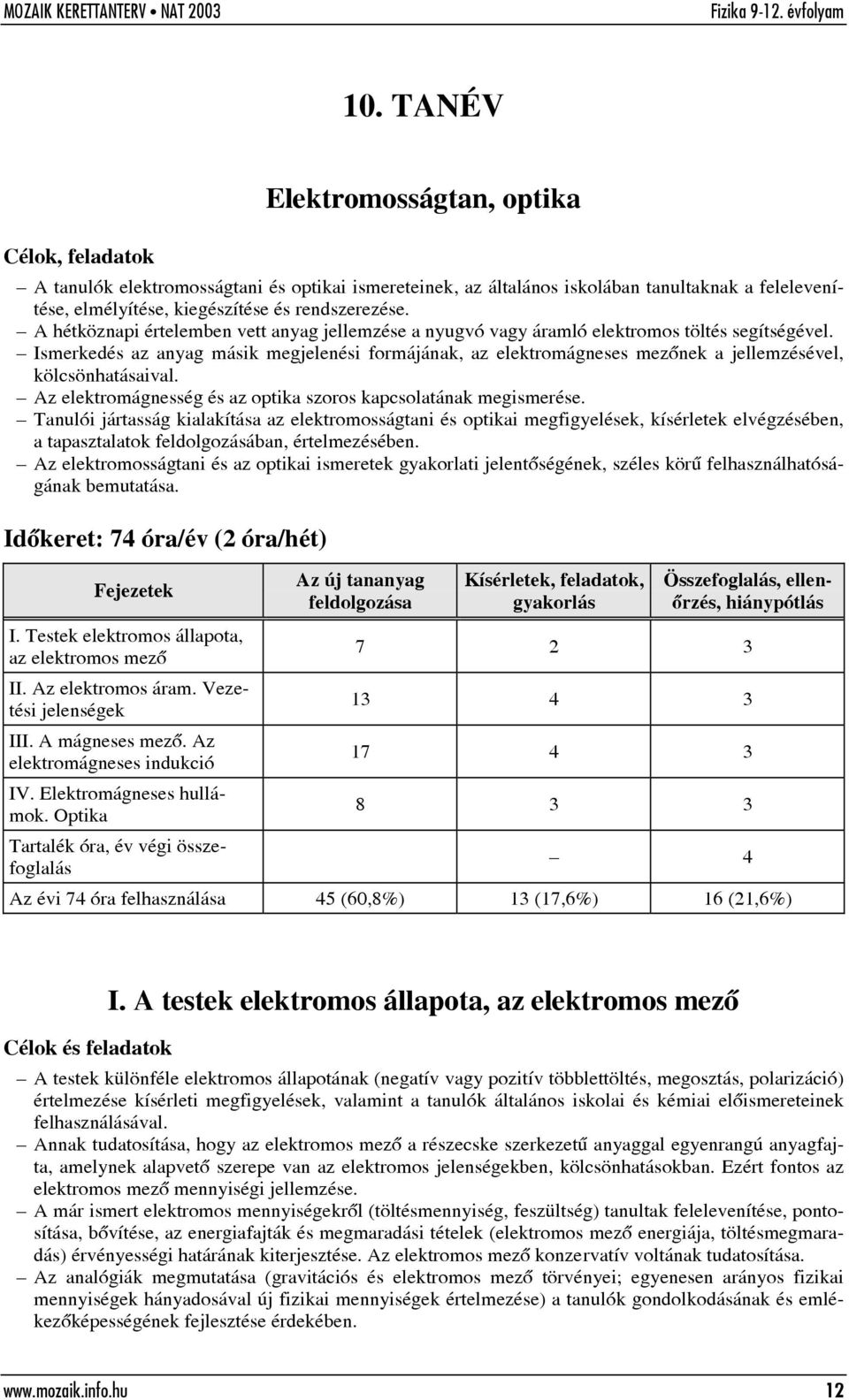 Ismerkedés az anyag másik megjelenési formájának, az elektromágneses mezõnek a jellemzésével, kölcsönhatásaival. Az elektromágnesség és az optika szoros kapcsolatának megismerése.