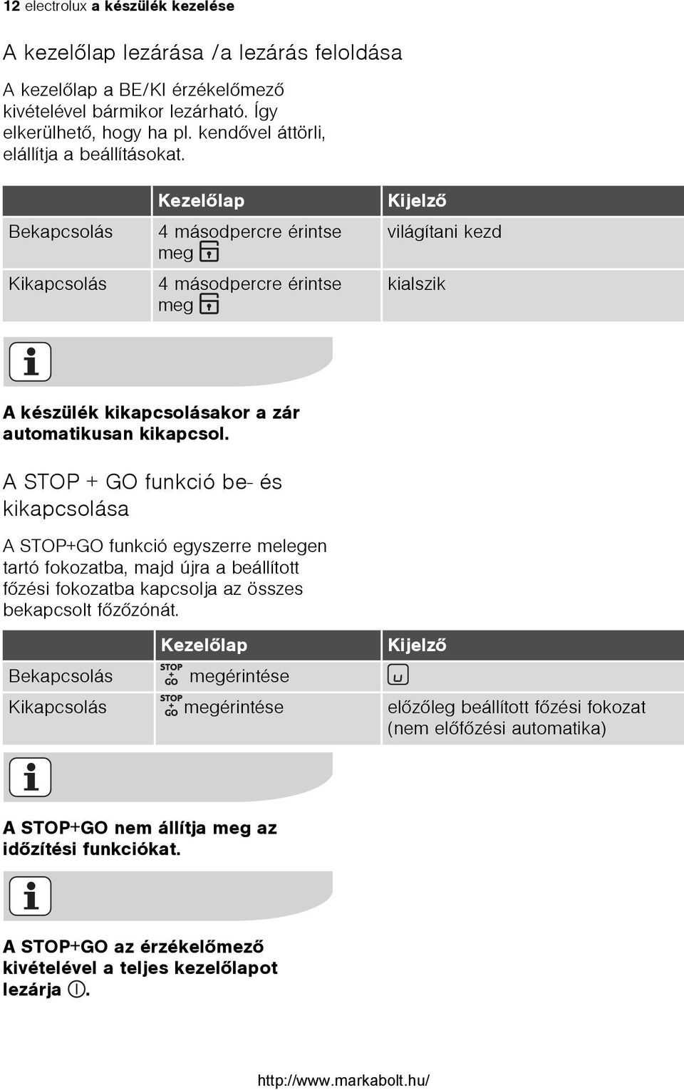Bekapcsolás Kikapcsolás Kezelõlap 4 másodpercre érintse meg 4 másodpercre érintse meg Kijelzõ világítani kezd kialszik A készülék kikapcsolásakor a zár automatikusan kikapcsol.