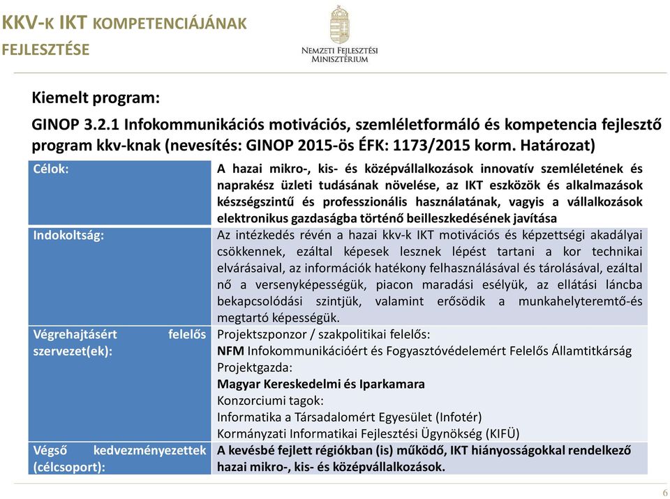 Határozat) Célok: Indokoltság: Végrehajtásért szervezet(ek): felelős Végső kedvezményezettek (célcsoport): A hazai mikro-, kis- és középvállalkozások innovatív szemléletének és naprakész üzleti