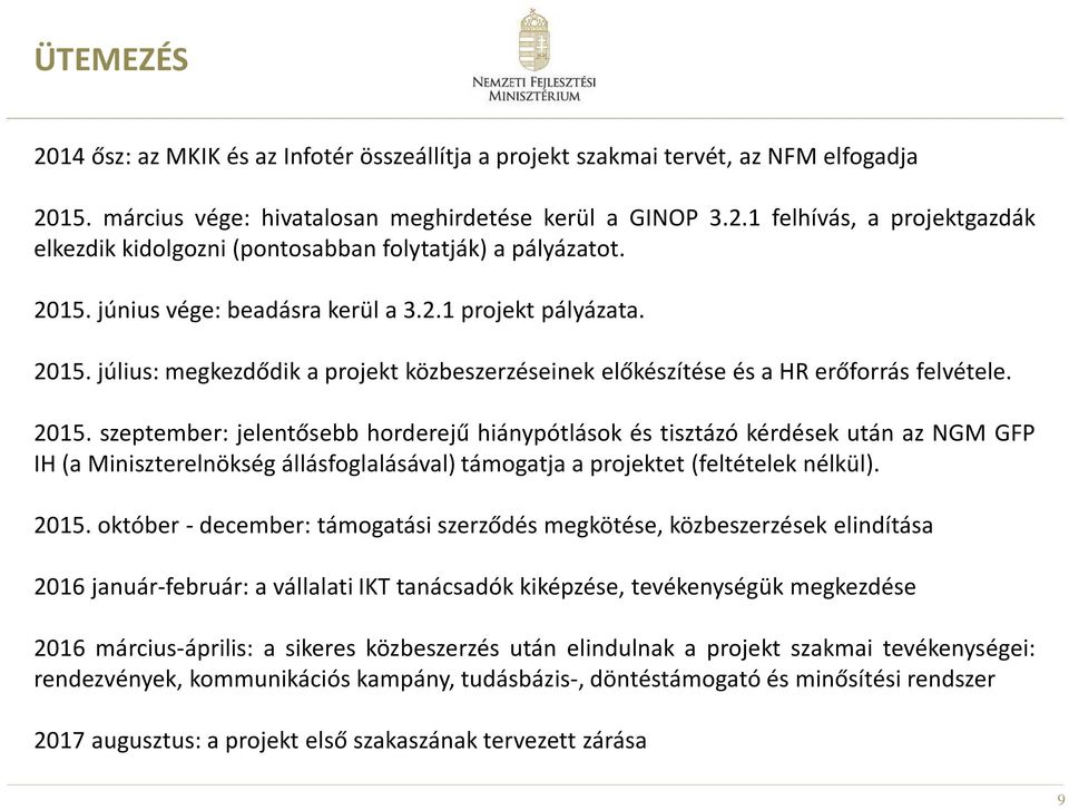 július: megkezdődik a projekt közbeszerzéseinek előkészítése és a HR erőforrás felvétele. 2015.