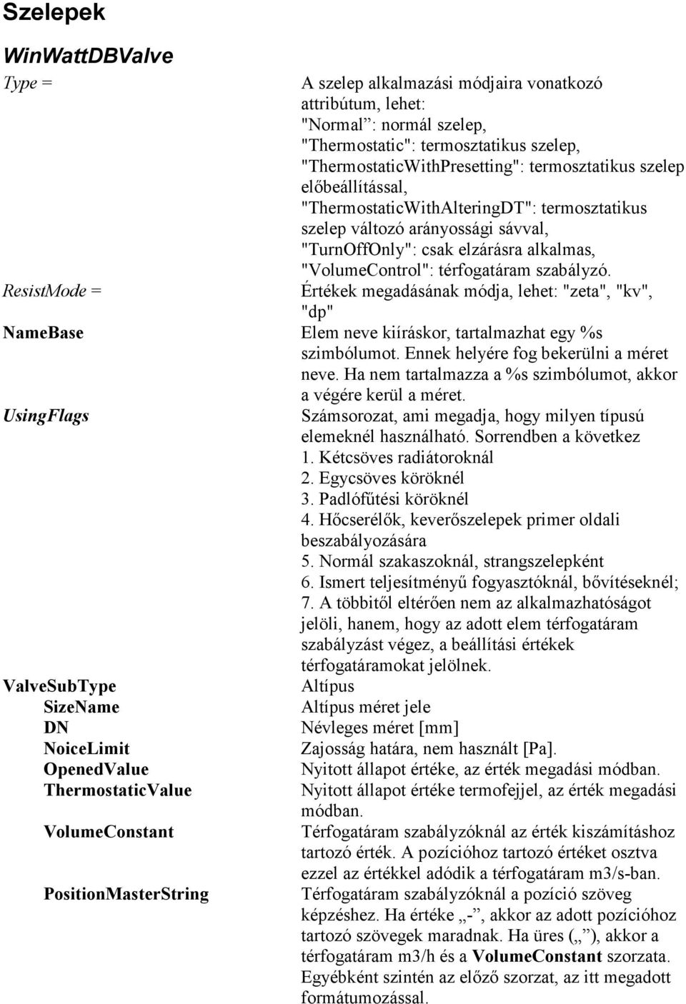 Értékek megadásának módja, lehet: "zeta", "kv", "dp" UsingFlags ValveSubType DN NoiceLimit OpenedValue ThermostaticValue VolumeConstant PositionMasterString Számsorozat, ami megadja, hogy milyen